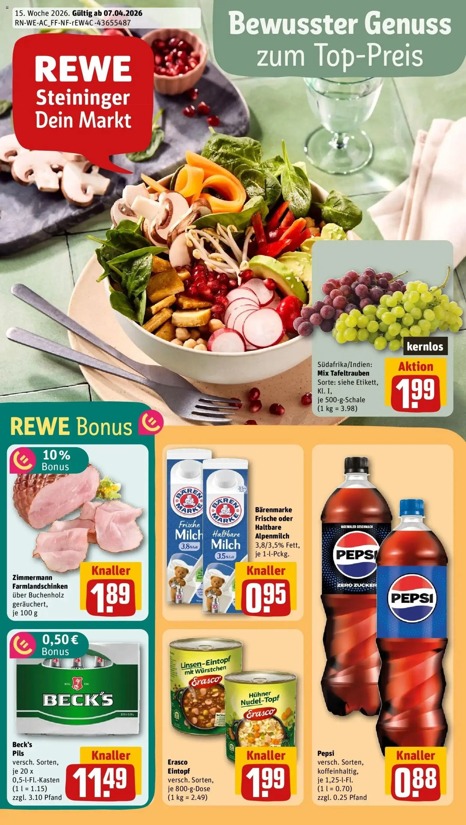 Vorschau von dem Prospekt des Geschäftes Rewe, gültig ab dem 05.04.2026 - Milch, Zucker, Pepsi, Haltbare milch, Pils, Erasco
