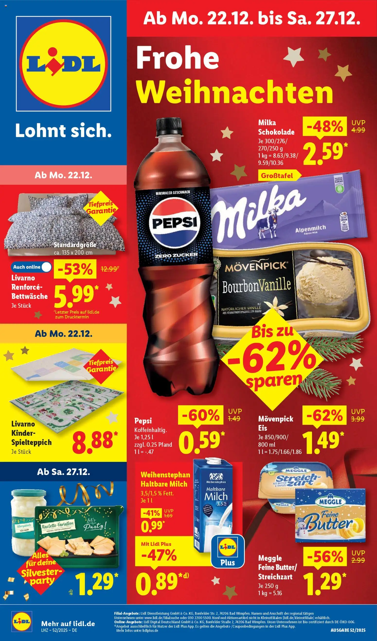 Vorschau von dem Prospekt des Geschäftes Lidl, gültig ab dem 22.12.2025 - Schokolade, Bettwäsche, Bad, Milch, Zucker, Vanille, Pepsi, Milch 3,5%