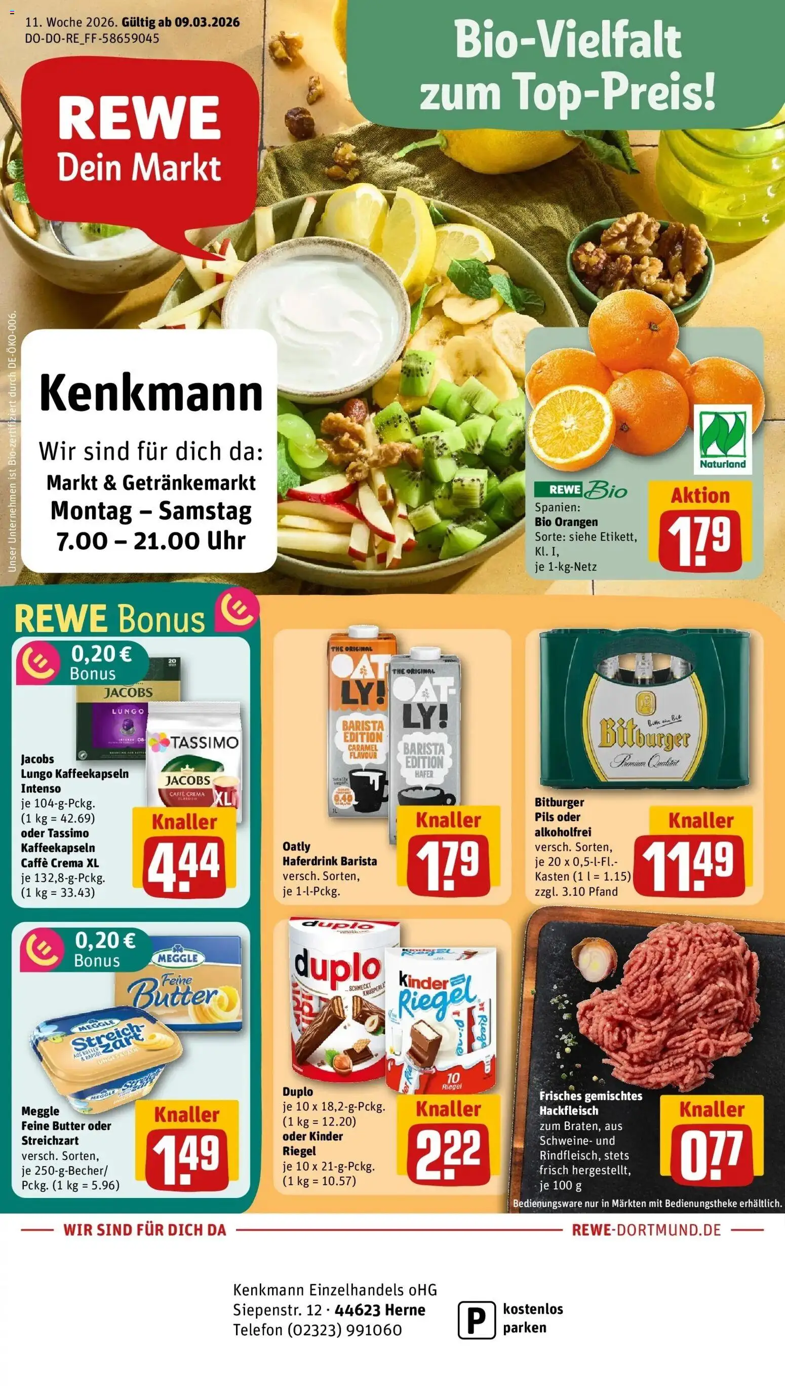 Vorschau von dem Prospekt des Geschäftes Rewe, gültig ab dem 09.03.2026 - Uhr, Tassimo, Bitburger, Oatly, Orangen, Meggle butter, Haferdrink, Duplo riegel