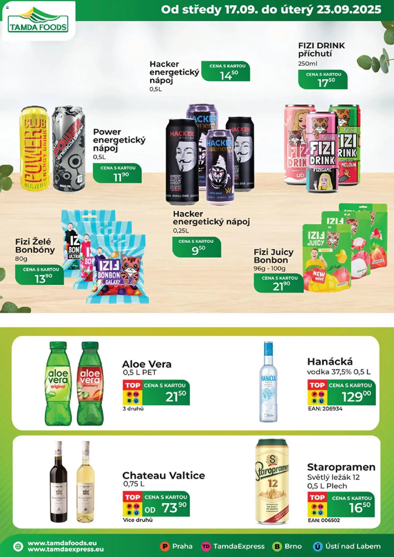 Náhled nabídky: Tamda Foods Leták platný od 17.09.2025 - Vodka, Aloe vera, Meloun, Staropramen, Energy drink, Plech, Energetický nápoj, Bonbóny