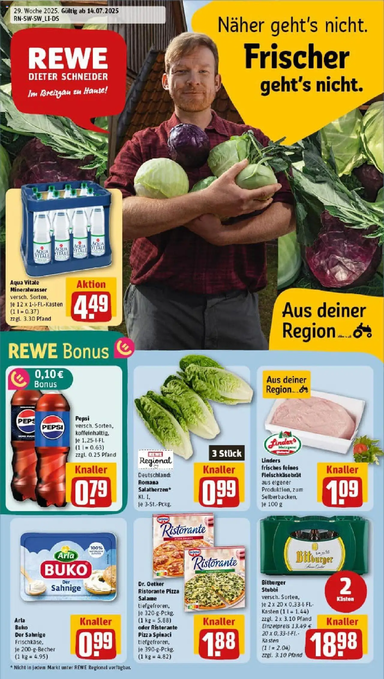 REWE Prospekt ab 13.07.2025 nächste Woche - Prospekt Glottertal - Pizza, Mineralwasser, Ristorante, Bitburger, Pepsi, Arla buko