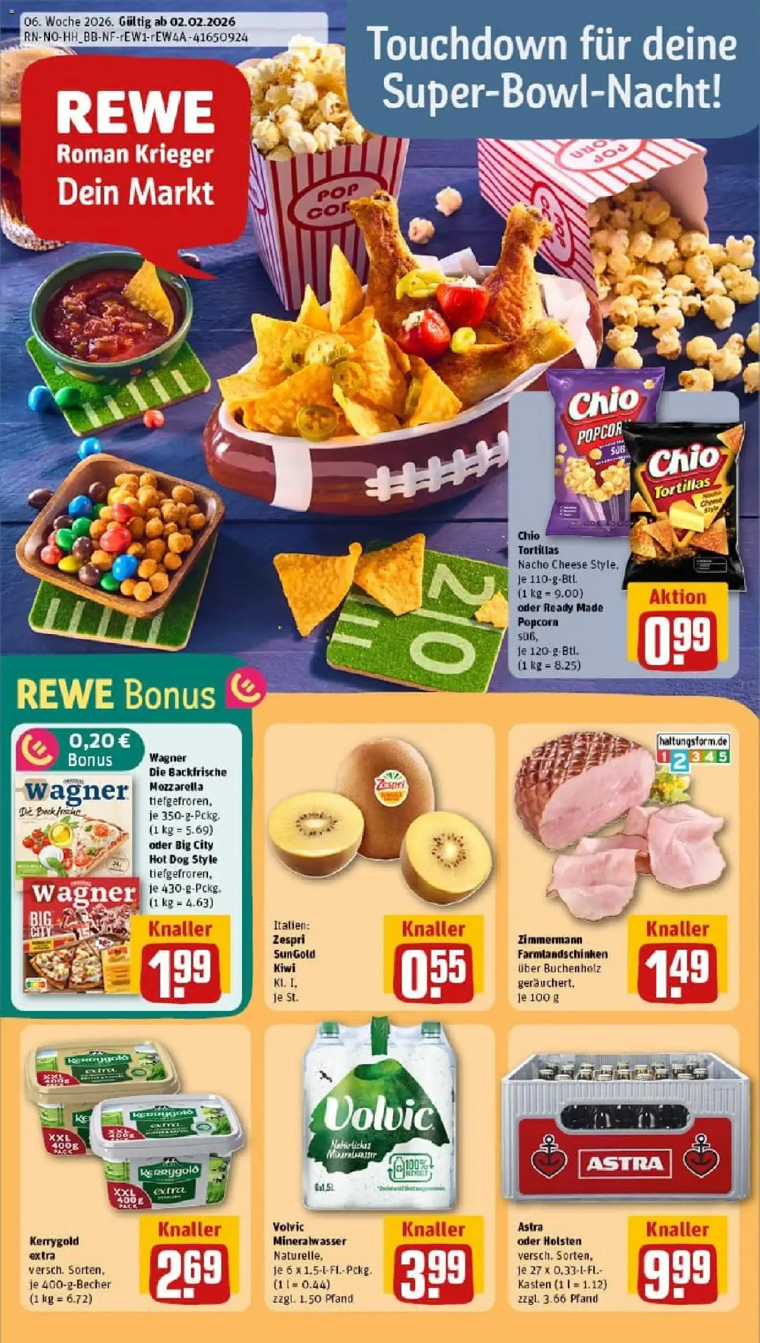 Vorschau von dem Prospekt des Geschäftes Rewe, gültig ab dem 02.02.2026 - Kiwi, Tortillas, Mozzarella, Popcorn, Astra, Volvic, Holsten, Chio tortillas