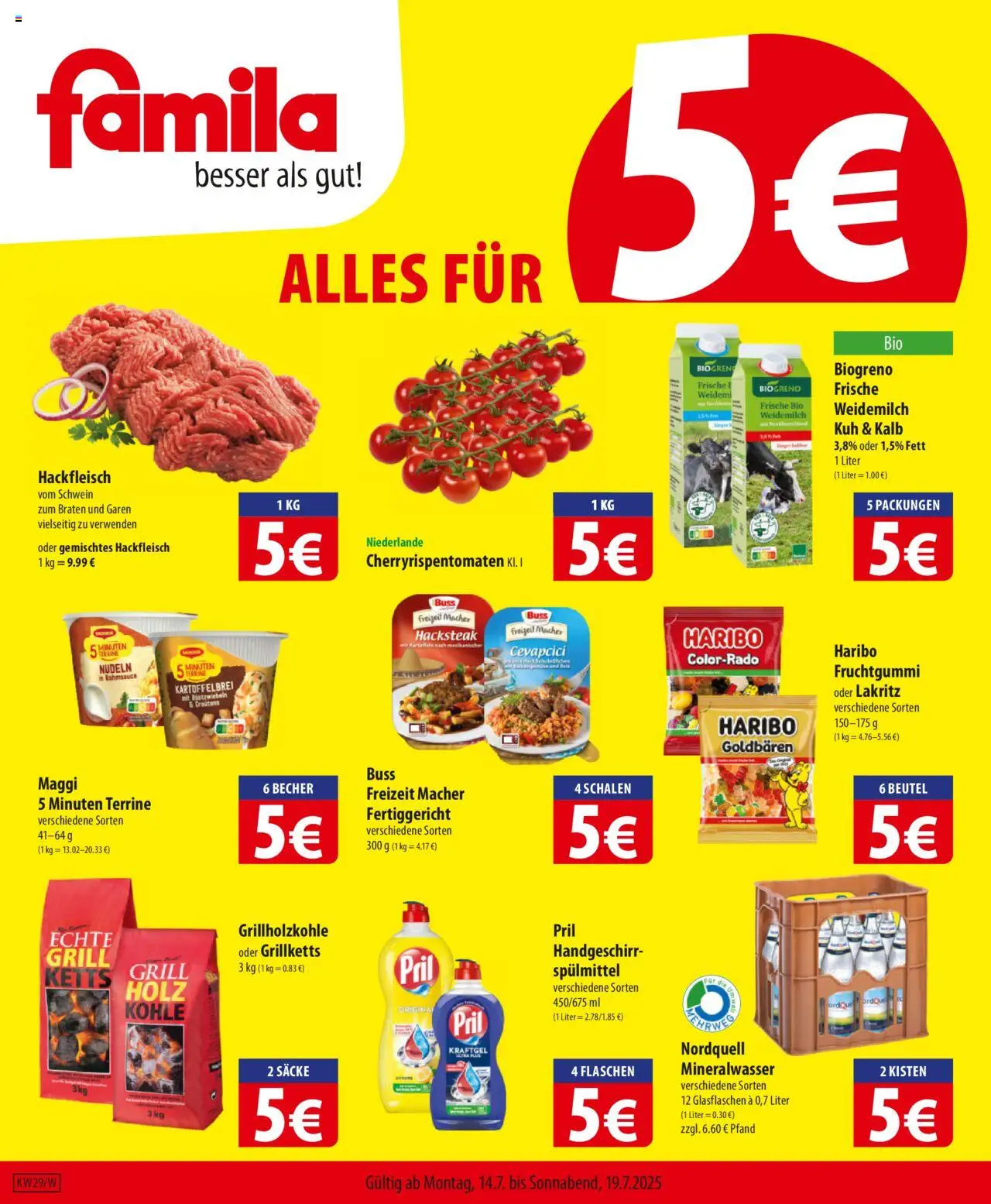 Famila Prospekt (vom 14.07.2025 - 19.07.2025) - Haribo, Cevapcici, Grill, Mineralwasser, Nudeln, Hackfleisch, Pril, Maggi 5 minuten terrine