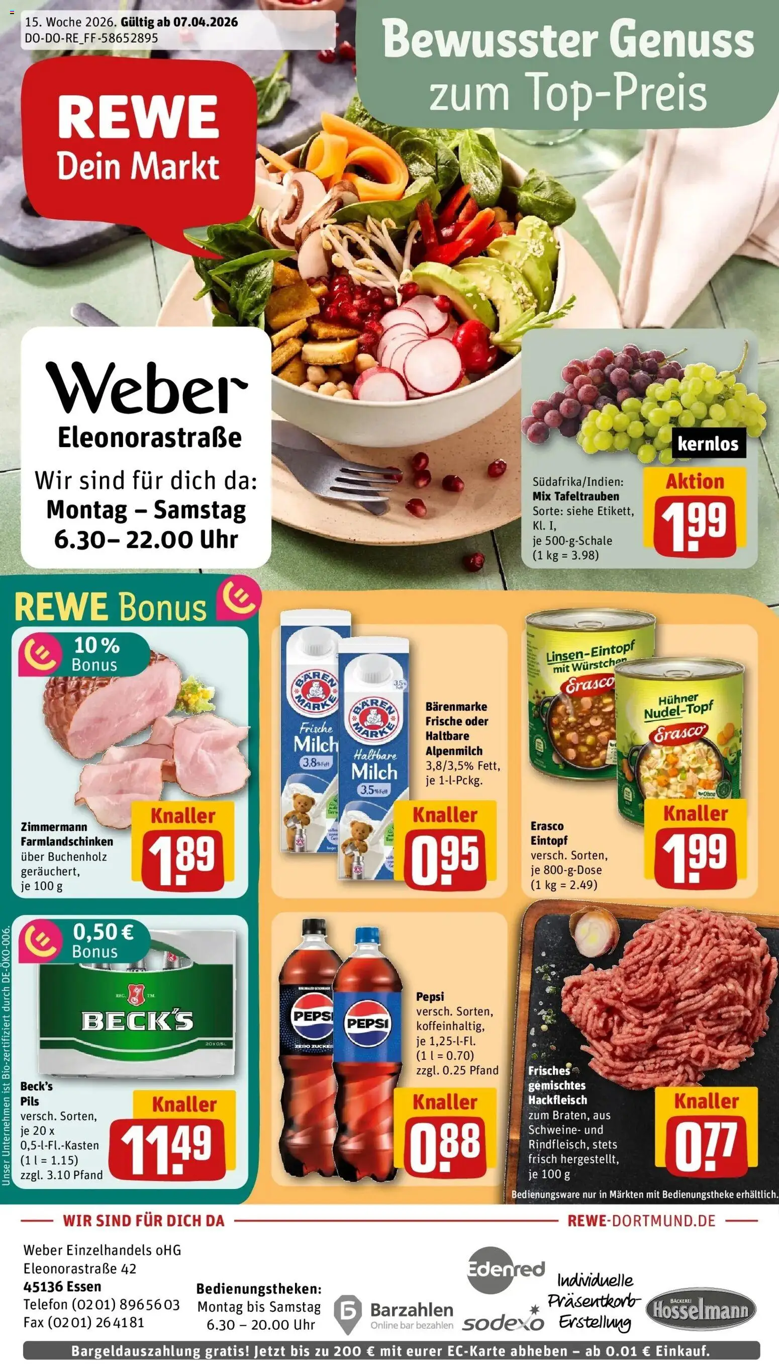 Vorschau von dem Prospekt des Geschäftes Rewe, gültig ab dem 05.04.2026 - Uhr, Telefon, Milch, Hackfleisch, Zucker, Pepsi, Pils, Erasco