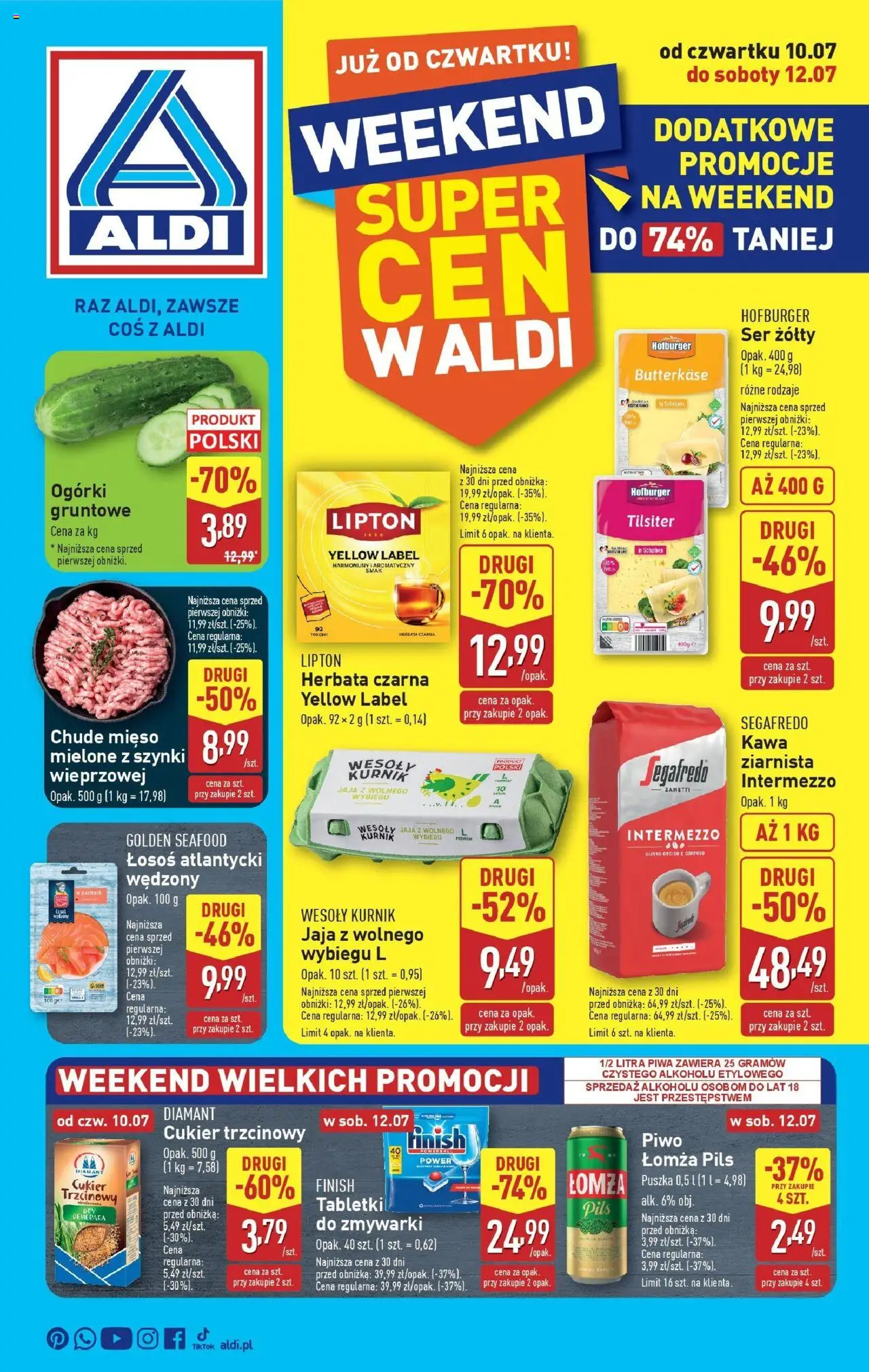 Aldi Okazje na weekend od 10.07.2025 - Nowa Gazetka - Numer strony 1 - Piwo, Herbata, Tabletki do zmywarki, Cukier trzcinowy, Jaja, Ser żółty, Herbata czarna, Mięso mielone z szynki