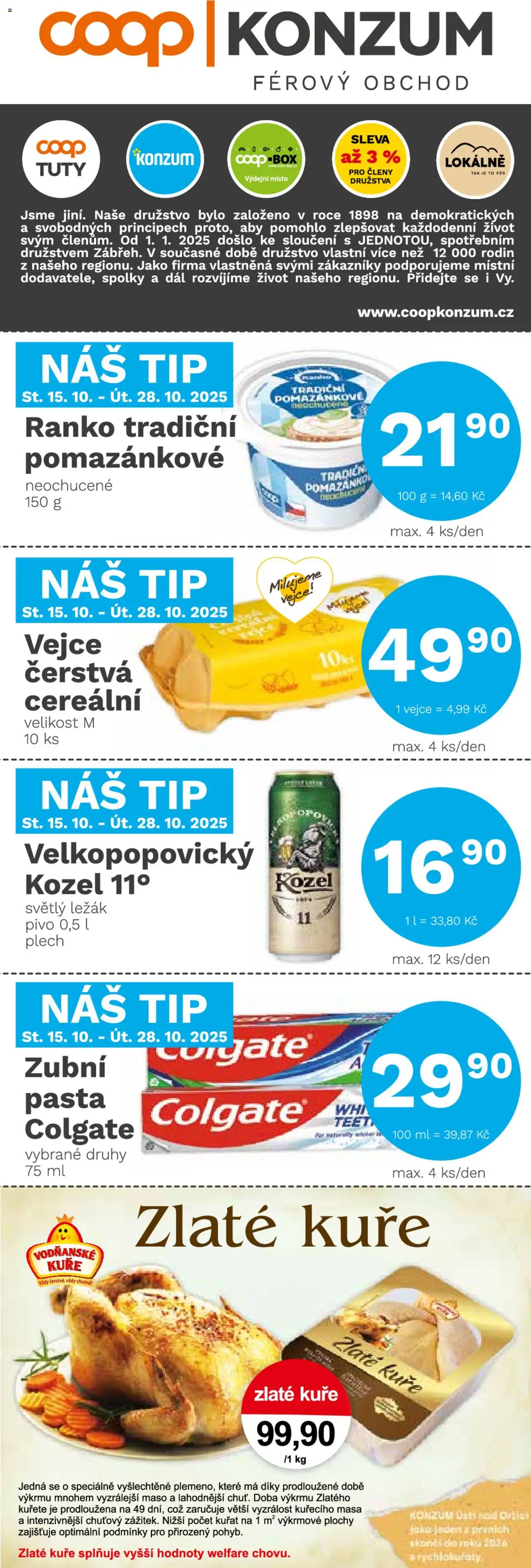 Konzum Leták (15.10.2025 - 28.10.2025) - Pivo, Vejce, Maso, Box, Kuře, Plech, Velkopopovický Kozel, Zlaté kuře