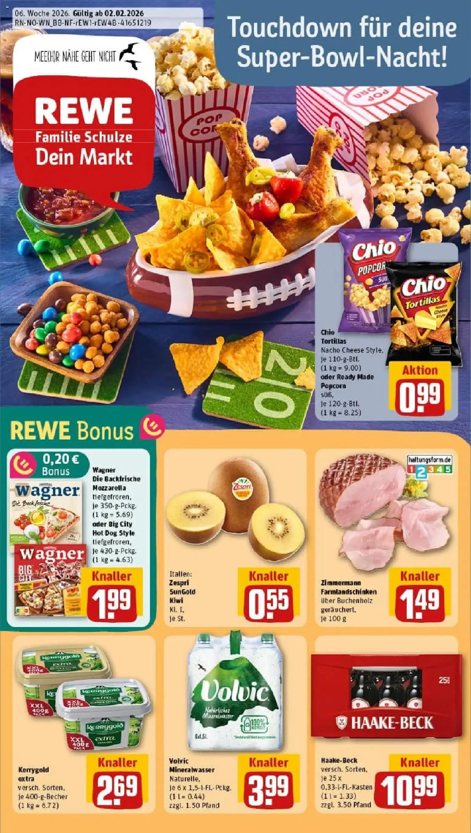 Vorschau von dem Prospekt des Geschäftes Rewe, gültig ab dem 02.02.2026 - Pizza, Kiwi, Tortillas, Mozzarella, Mineralwasser, Popcorn, Volvic, Chio tortillas