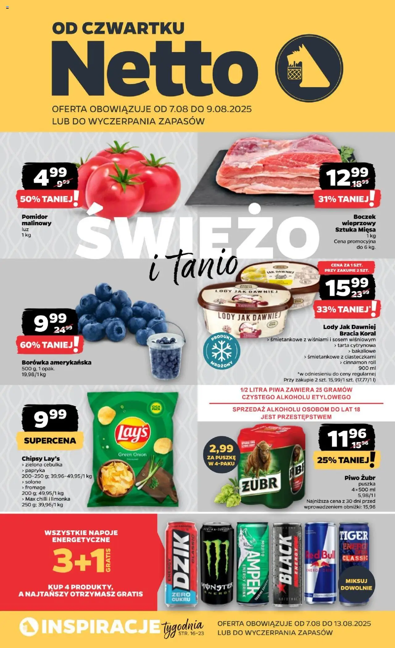 NETTO Gazetka spożywcza od 07.08.2025 - Nowa ulotka (PFD) - Numer strony 1 - Lody, Red bull, Chipsy, Borówka amerykańska, Limonka, Papryka, Boczek, Napoje