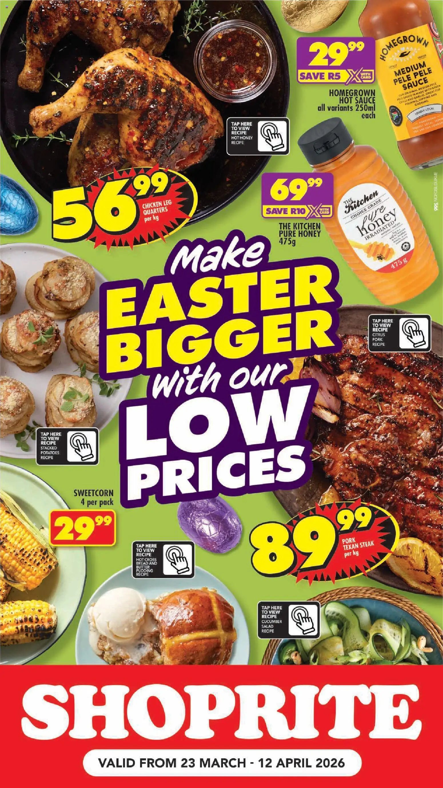Preview of Shoprite flyer valid from 23/03/2026 - Chicken, Butter, Bread, Tap, Potatoes, Steak, Pork, Sauce