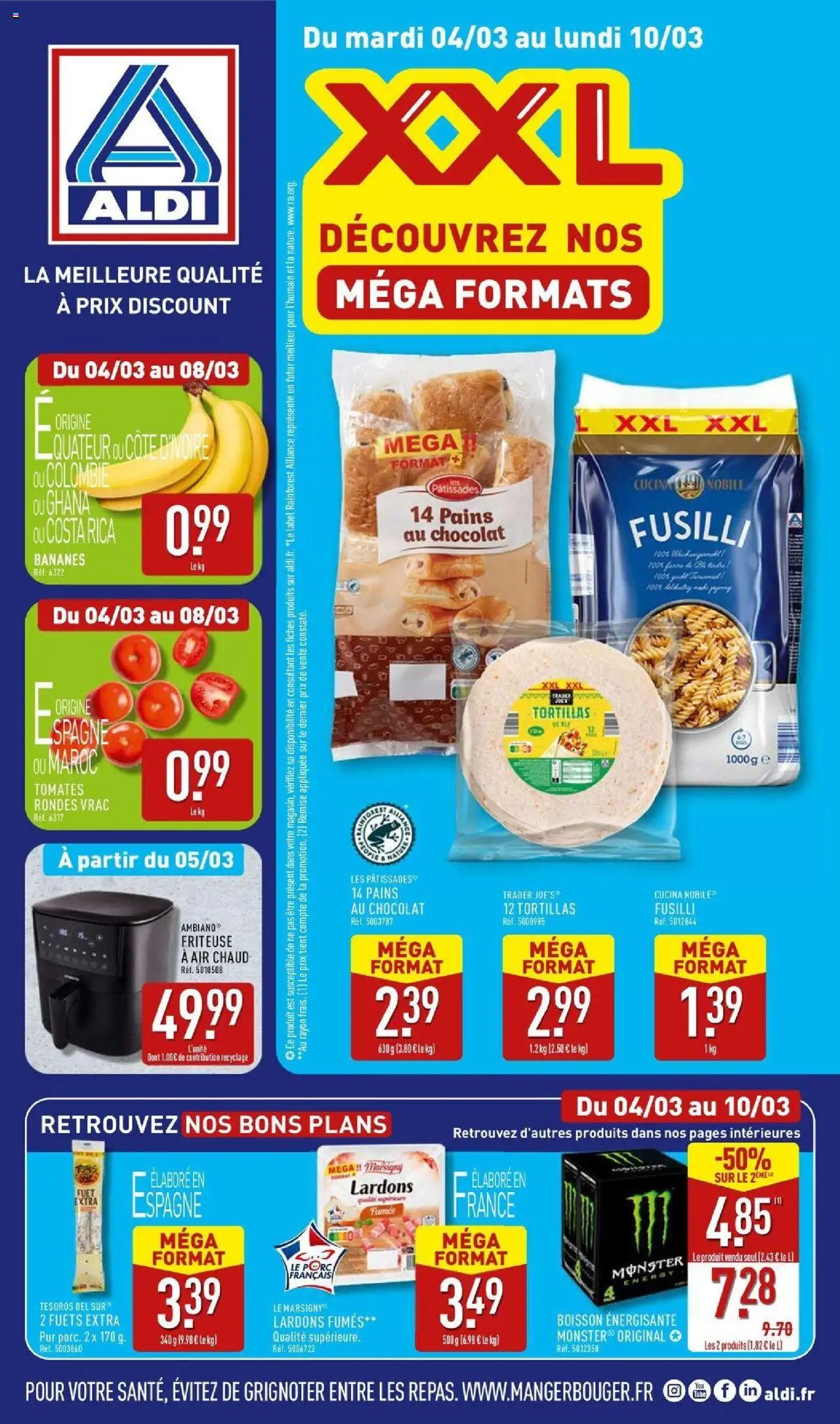 RETROUVEZ NOS BONS PLANS de la boutique Aldi valable du 04/03/2025 - Page numéro 1 - Croissant, Lardons, Air fryer, Alliance, Boisson énergisante, Porc, Bananes, Monster energy drink
