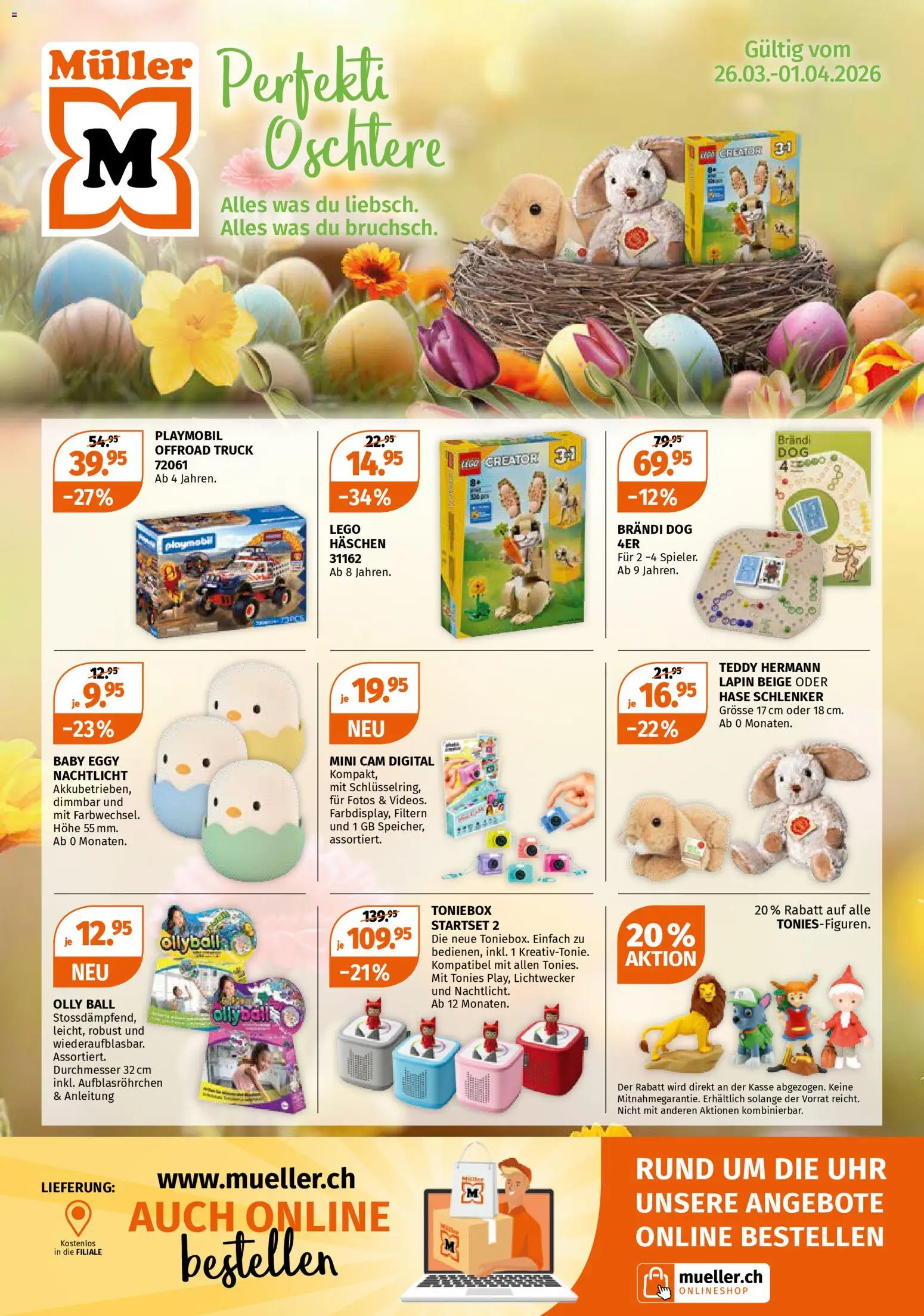 Vorschau des Merkblatts Müller aktionen Spielwaren für Gross und Klein vom Shop Müller gültig von 26.03.2026 bis 01.04.2026 - Uhr, Nachtlicht