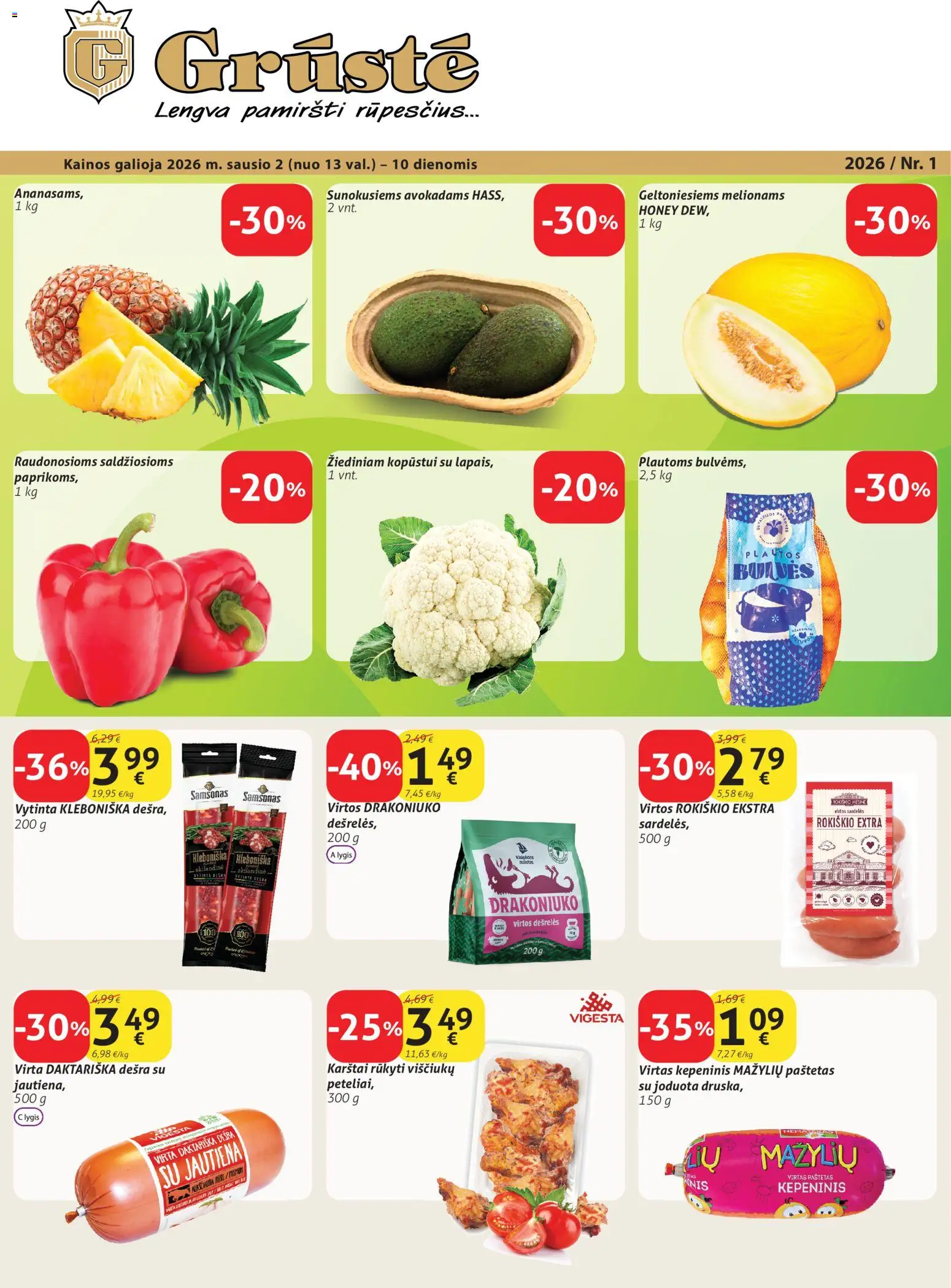 GRUSTE parduotuvės leidinio Leidinys galiojančio nuo 2026.01.02 peržiūra - Jautiena, Dešra, Paštetas, Dešrelės