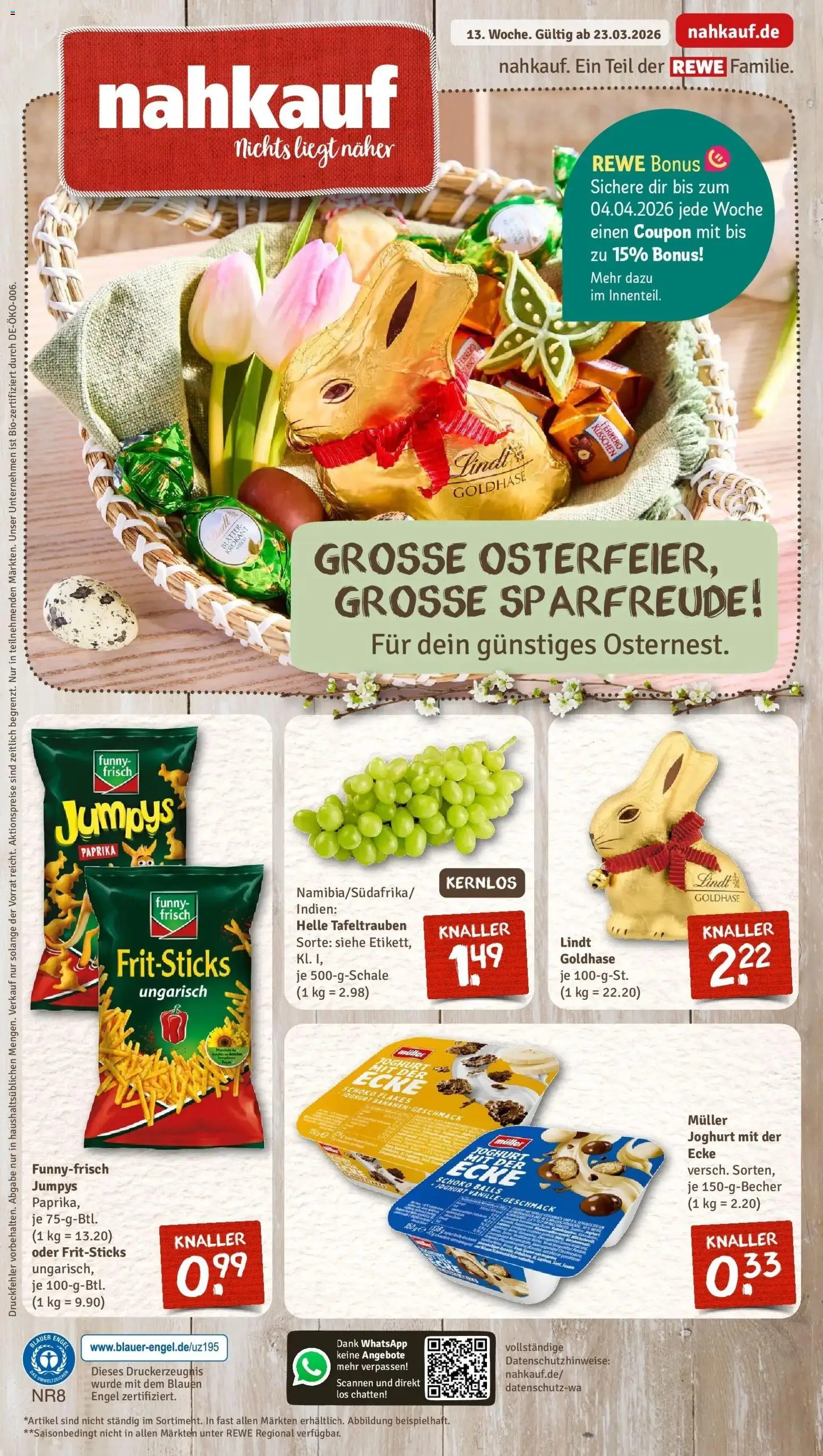 Vorschau von dem Prospekt des Geschäftes Rewe, gültig ab dem 23.03.2026 - Lindt, Joghurt, Paprika, Funny frisch