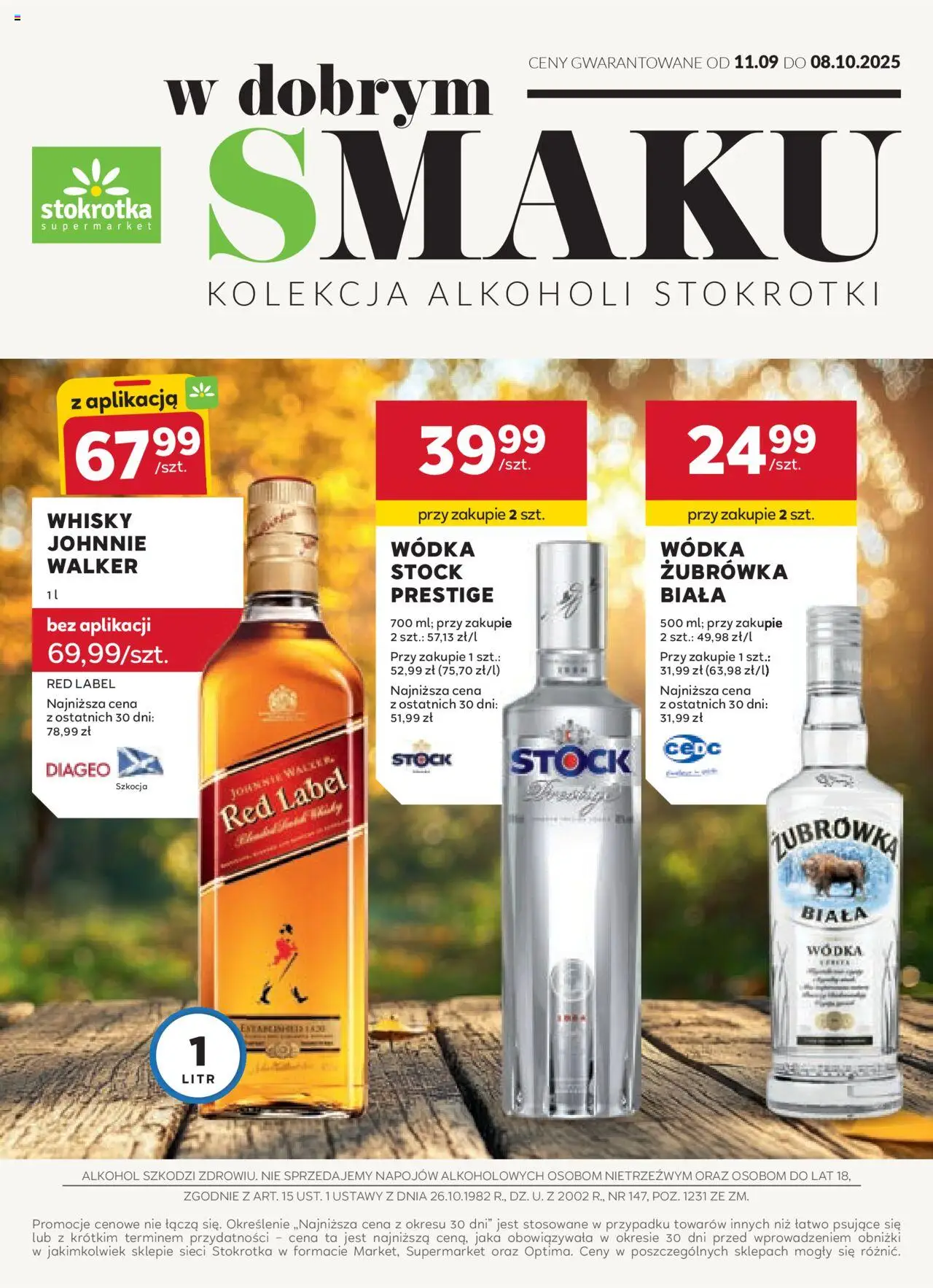 Stokrotka gazetka od czwartku 11.09.2025 >> "Oferta alkoholowa" - Numer strony 1 - Stokrotka, Alkohol, Whisky, Wódka, Żubrówka, Red label, Wódka Stock, Żubrówka biała wódka