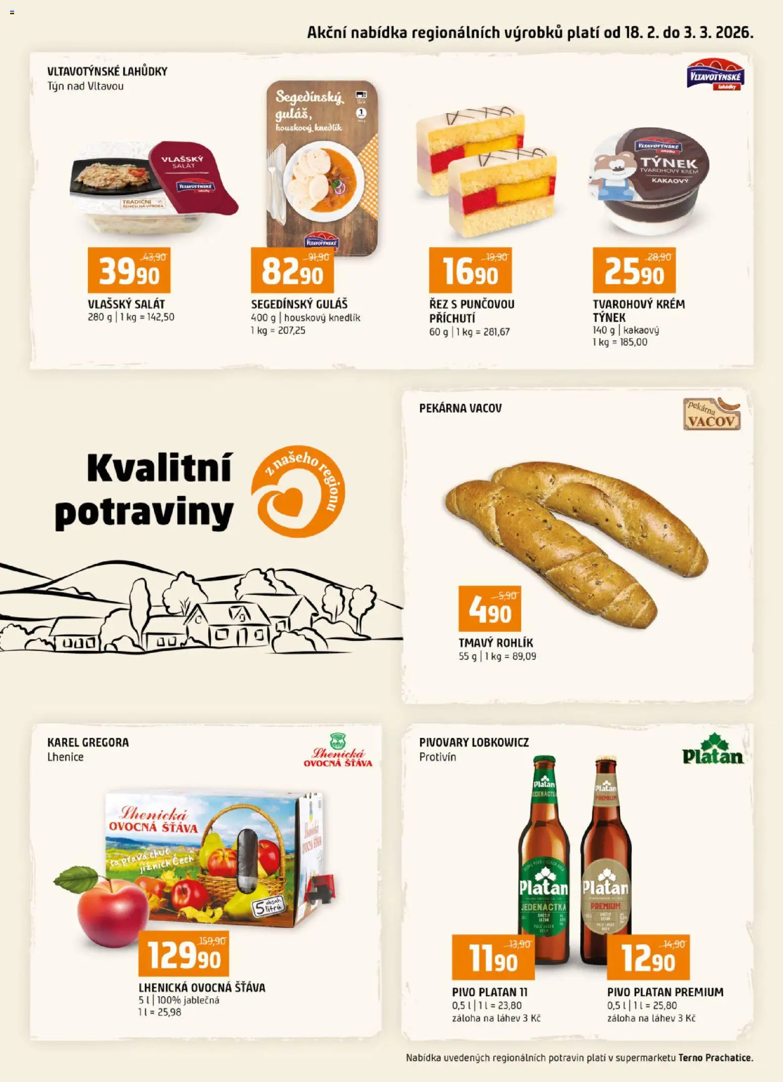 Náhled nabídky: Terno Leták - Prachatice platný od 18.02.2026 - Potraviny, Pivo, Salát, Knedlík, Krém, Tvarohový krém, Šťáva, Pivo Platan