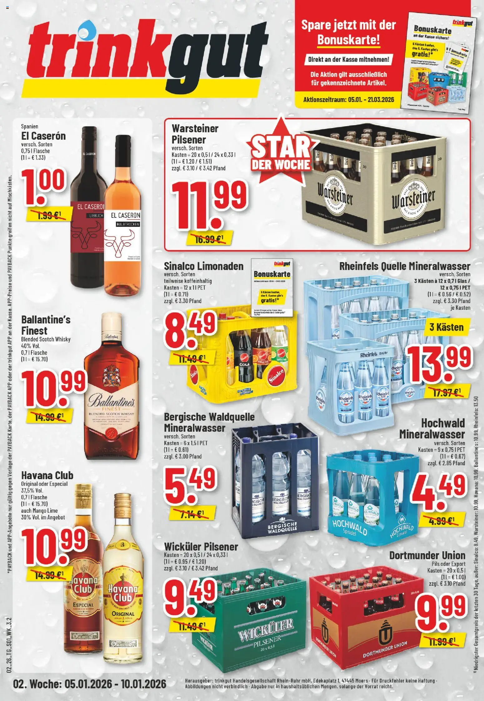 Vorschau von dem Prospekt des Geschäftes Trinkgut, gültig ab dem 05.01.2026 - Mango, Whisky, Cola, Warsteiner, Havana club, Sinalco, Pils, Rheinfels quelle