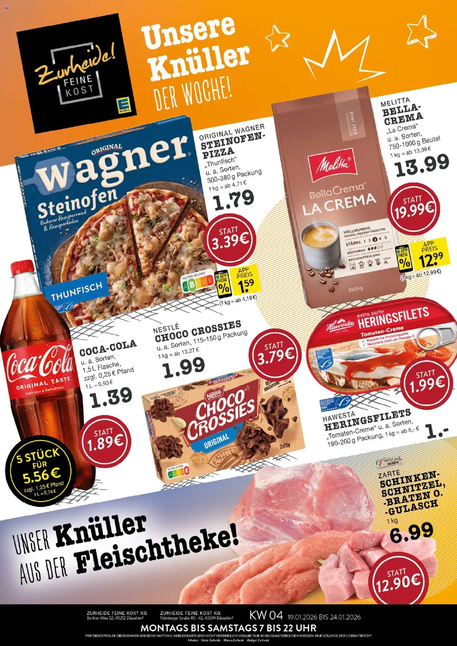 Vorschau von dem Prospekt des Geschäftes Edeka Zurheide, gültig ab dem 19.01.2026 - Pizza, Uhr, Gulasch, Thunfisch, Berliner, Schinken, Melitta