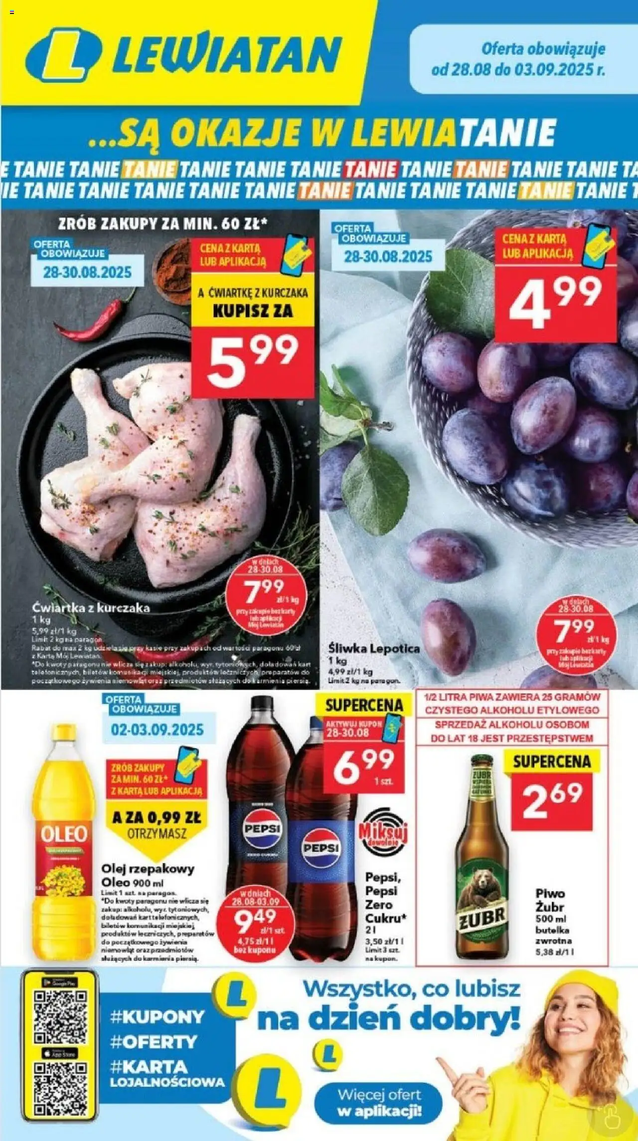 Lewiatan gazetka od 28.08.2025 - Promocje "Szczecin" - Numer strony 1 - Piwo, Pepsi, Olej, Karta, Olej rzepakowy, Ćwiartka z kurczaka, Pepsi Zero