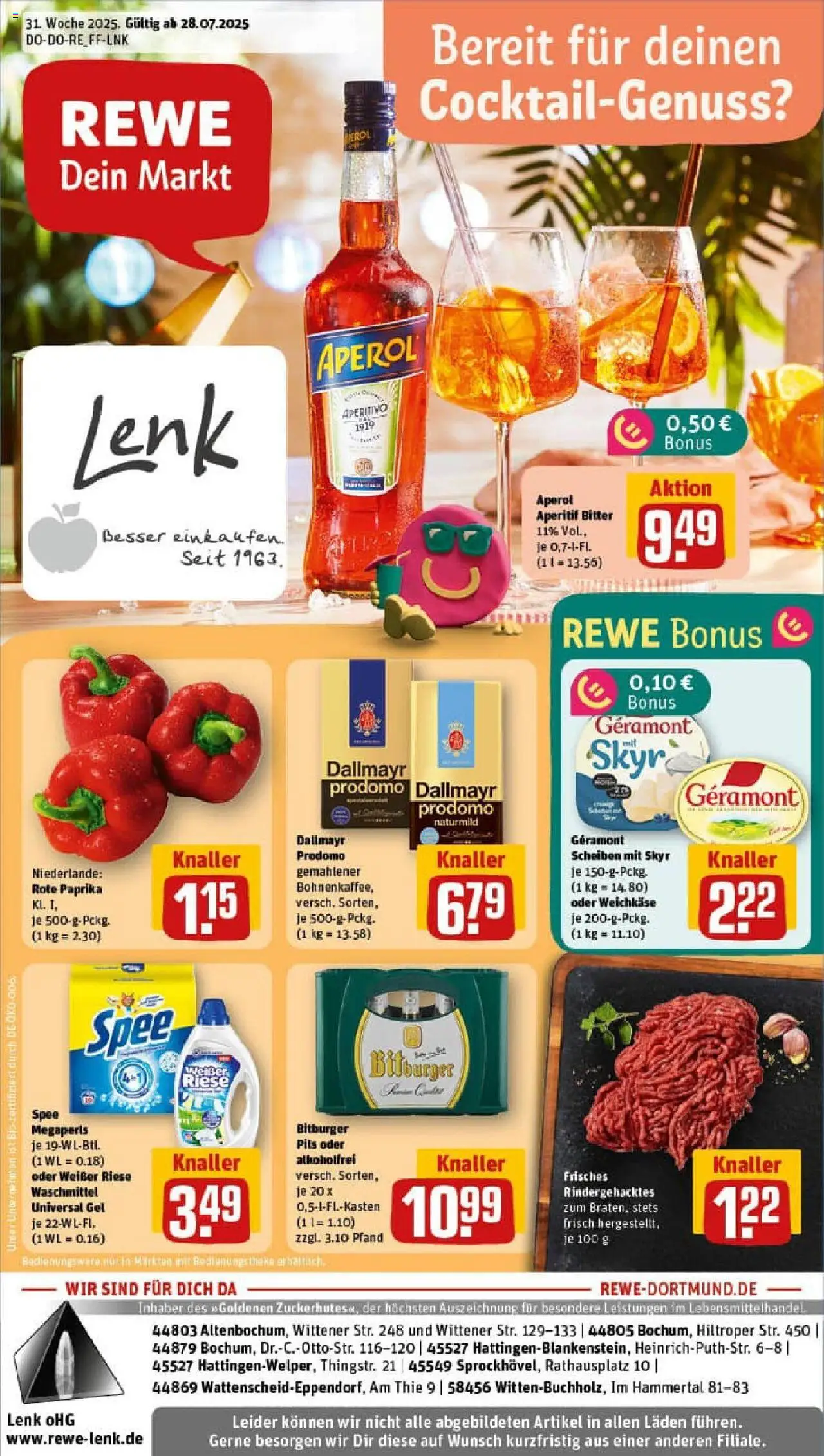 REWE Prospekt ab 27.07.2025 nächste Woche - Prospekt Hattingen - Aperol, Spee, Skyr, Dallmayr, Paprika, Waschmittel, Dallmayr prodomo, Geramont