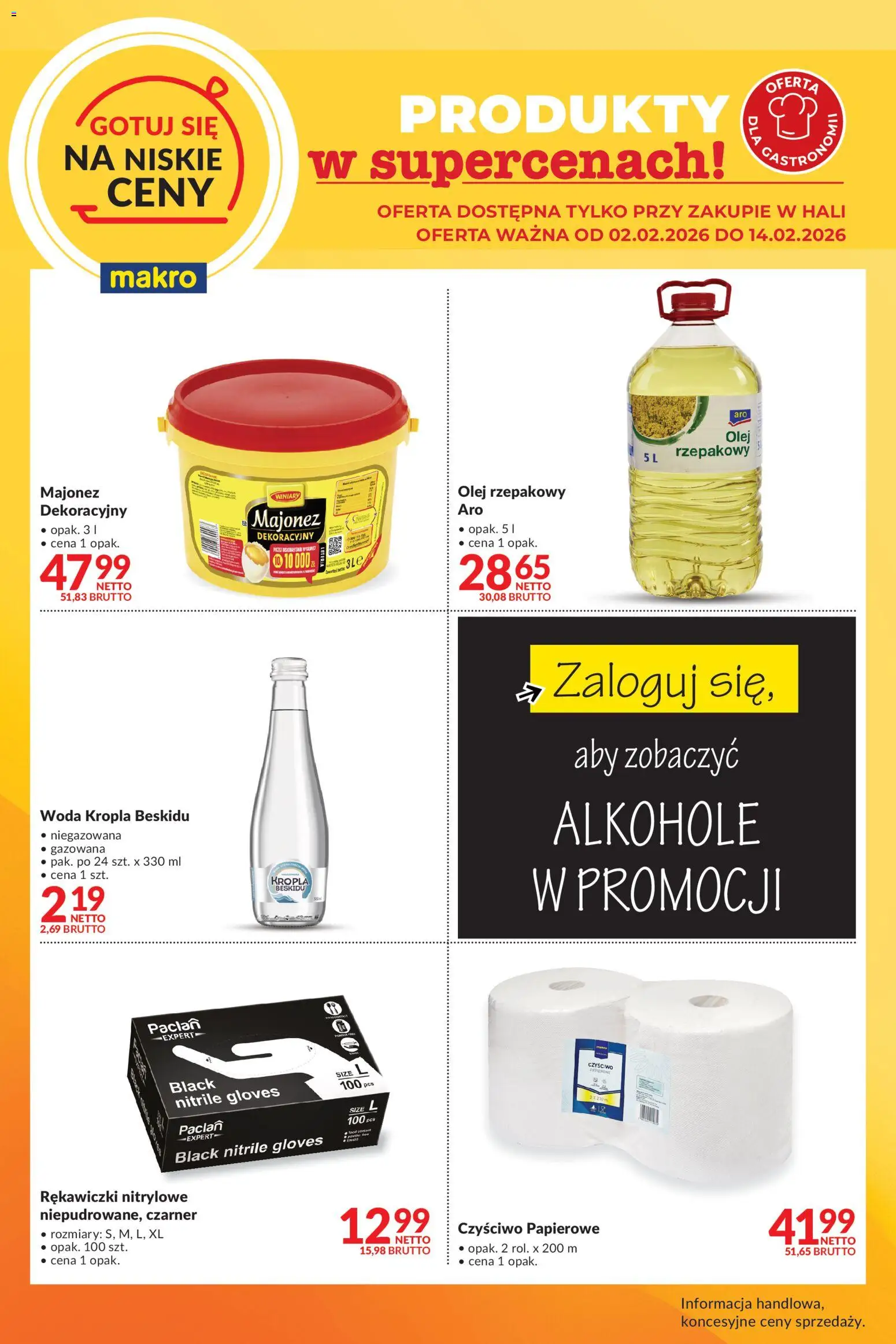 Pogląd gazetki "Gotuj się na niskie ceny" ze sklepu Makro ważnej od 02.02.2026 - Alkohole, Woda, Olej, Rękawiczki, Rękawiczki nitrylowe, Majonez, Olej rzepakowy