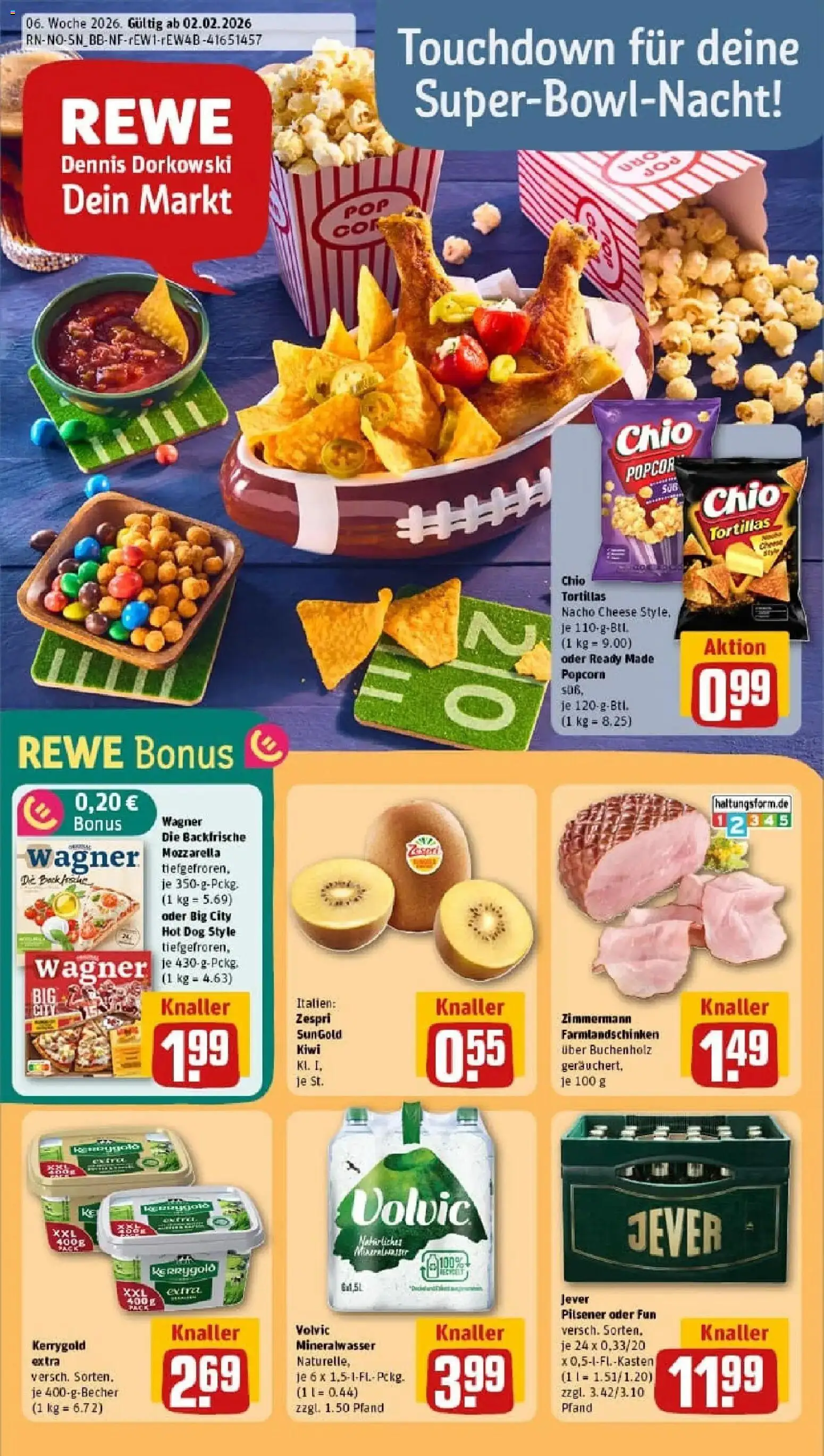 Vorschau von dem Prospekt des Geschäftes Rewe, gültig ab dem 02.02.2026 - Pizza, Tortillas, Mozzarella, Mineralwasser, Jever, Popcorn, Volvic, Chio tortillas