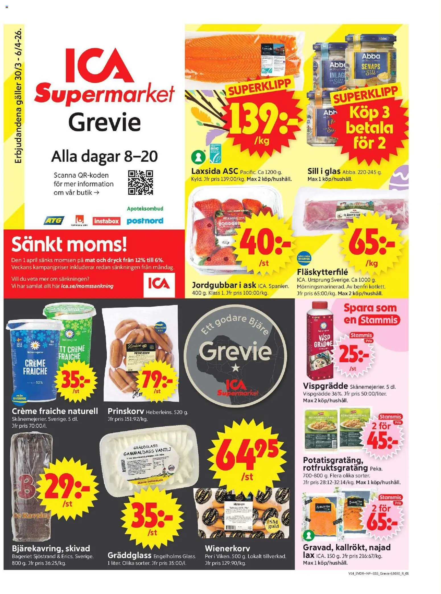 Förhandsgranska reklamblad Grevie från butik ICA Supermarket gäller från 30/03/2026 - Lax, Sill, Jordgubbar, Galler, Vispgrädde, Prinskorv, Vanilj, Fläskytterfilé