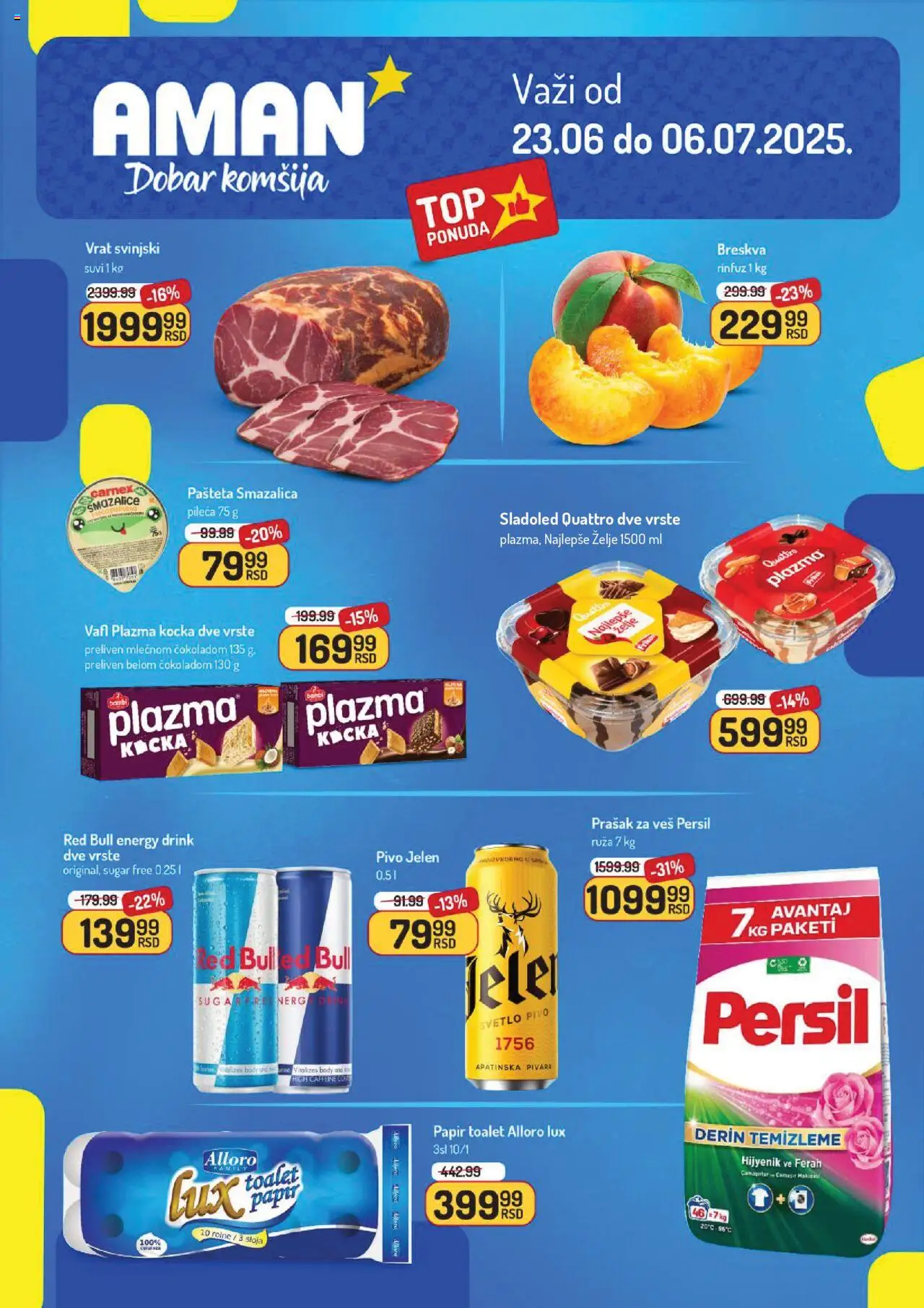 Aman katalog važi od 23.06.2025 - stranica 1 - Red Bull, Pivo, Breskva, Persil, Pašteta, Vafl, Vrat, Plazma