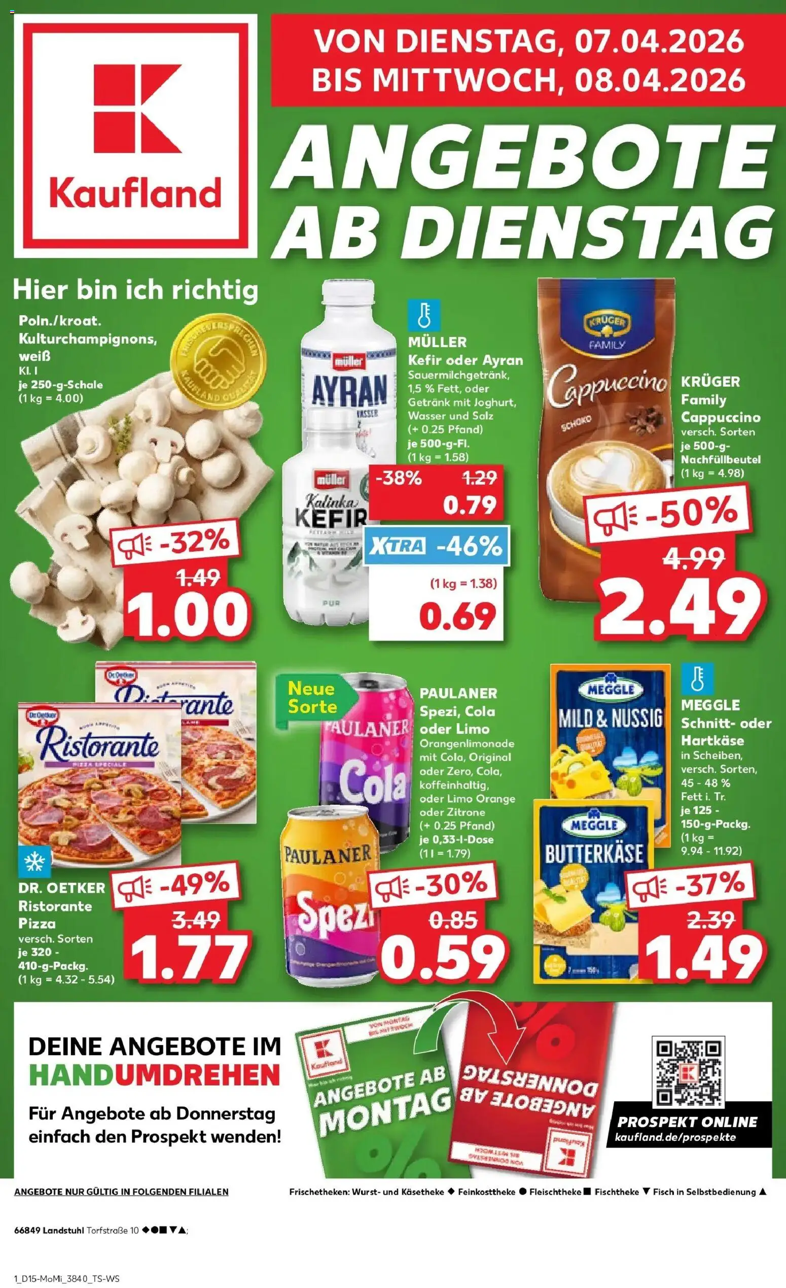 Vorschau von dem Prospekt des Geschäftes Kaufland, gültig ab dem 07.04.2026 - Pizza, Wasser, Fisch, Wurst, Kefir, Zitrone, Salz, Kruger cappuccino