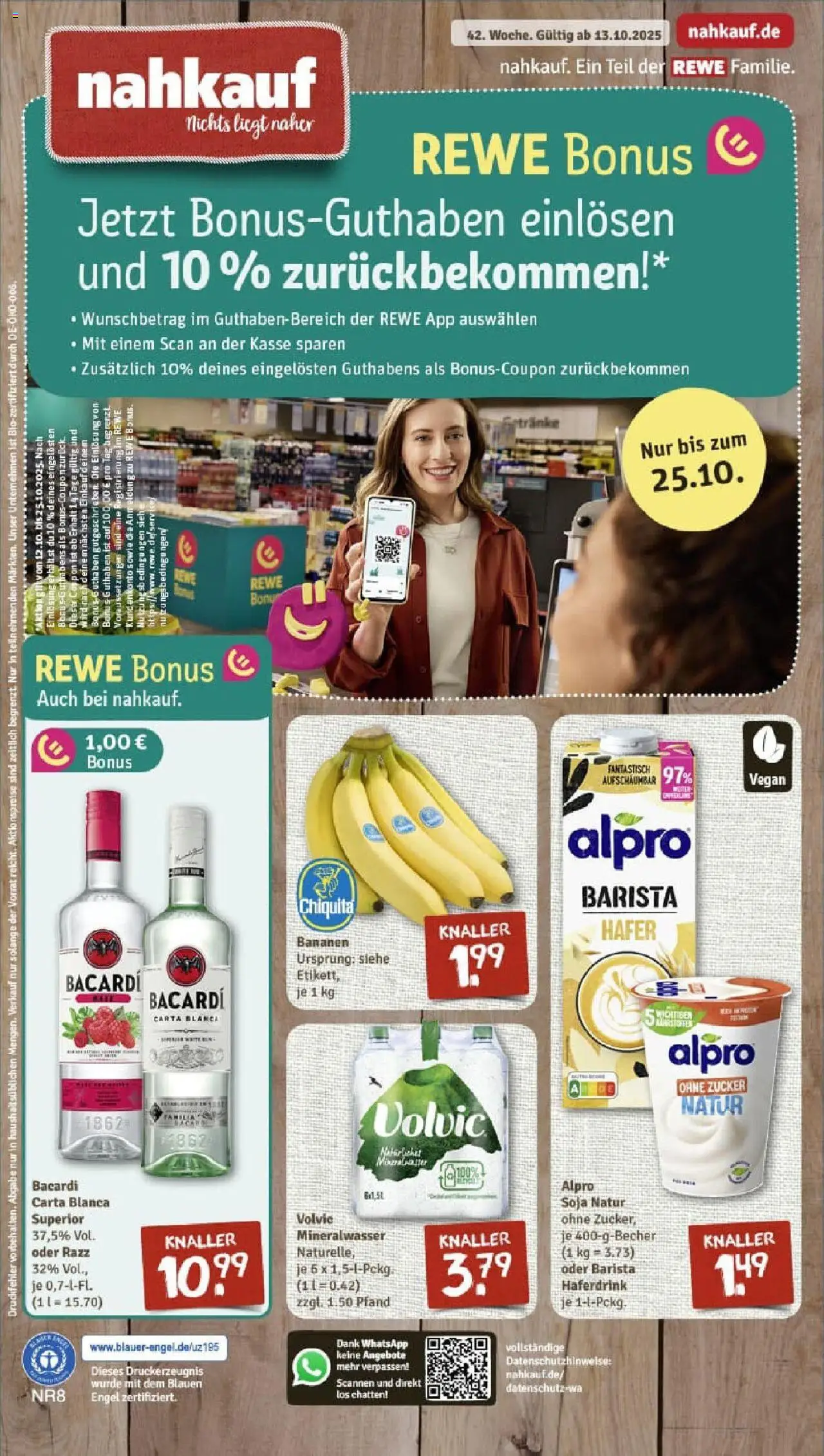 Vorschau von dem Prospekt des Geschäftes Rewe, gültig ab dem 13.10.2025 - Bananen, Mineralwasser, Bacardi, Zucker, Volvic, Alpro, Haferdrink