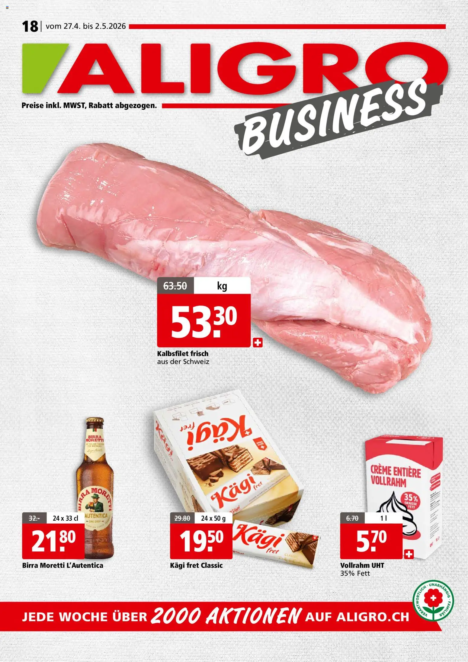 Vorschau des Merkblatts Aligro aktionen Business Schlieren, Gossau SG, Frauenfeld, Rapperswil-Jona, Sargans, Bern vom Shop Aligro gültig von 27.04.2026 bis 02.05.2026