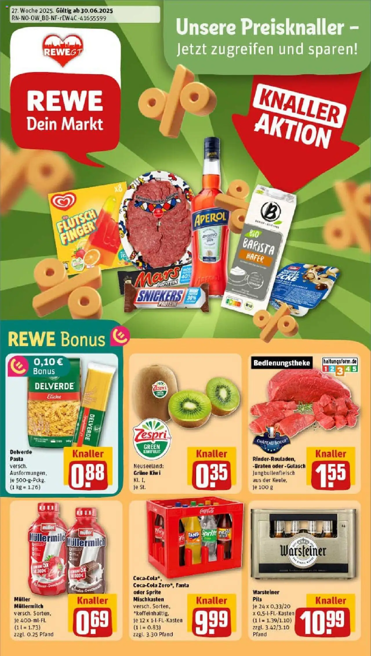 REWE Prospekt ab 29.06.2025 nächste Woche - Prospekt Gütersloh - Aperol, Kiwi, Mars, Snickers, Müllermilch, Sprite, Pils, Muller mullermilch