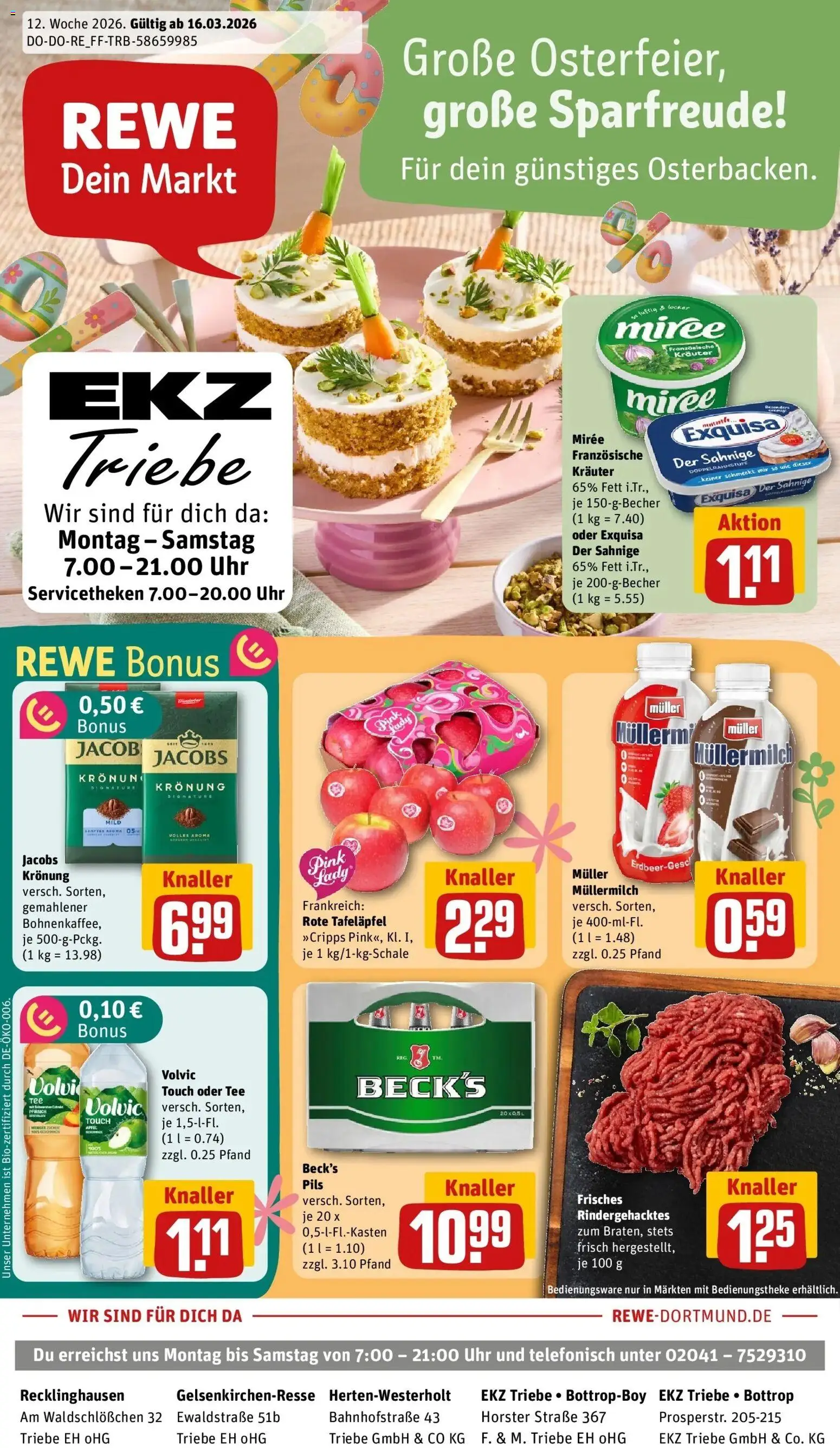Vorschau von dem Prospekt des Geschäftes Rewe, gültig ab dem 15.03.2026 - Uhr, Äpfel, Pfirsich, Müllermilch, Volvic, Pils, Exquisa, Volvic touch