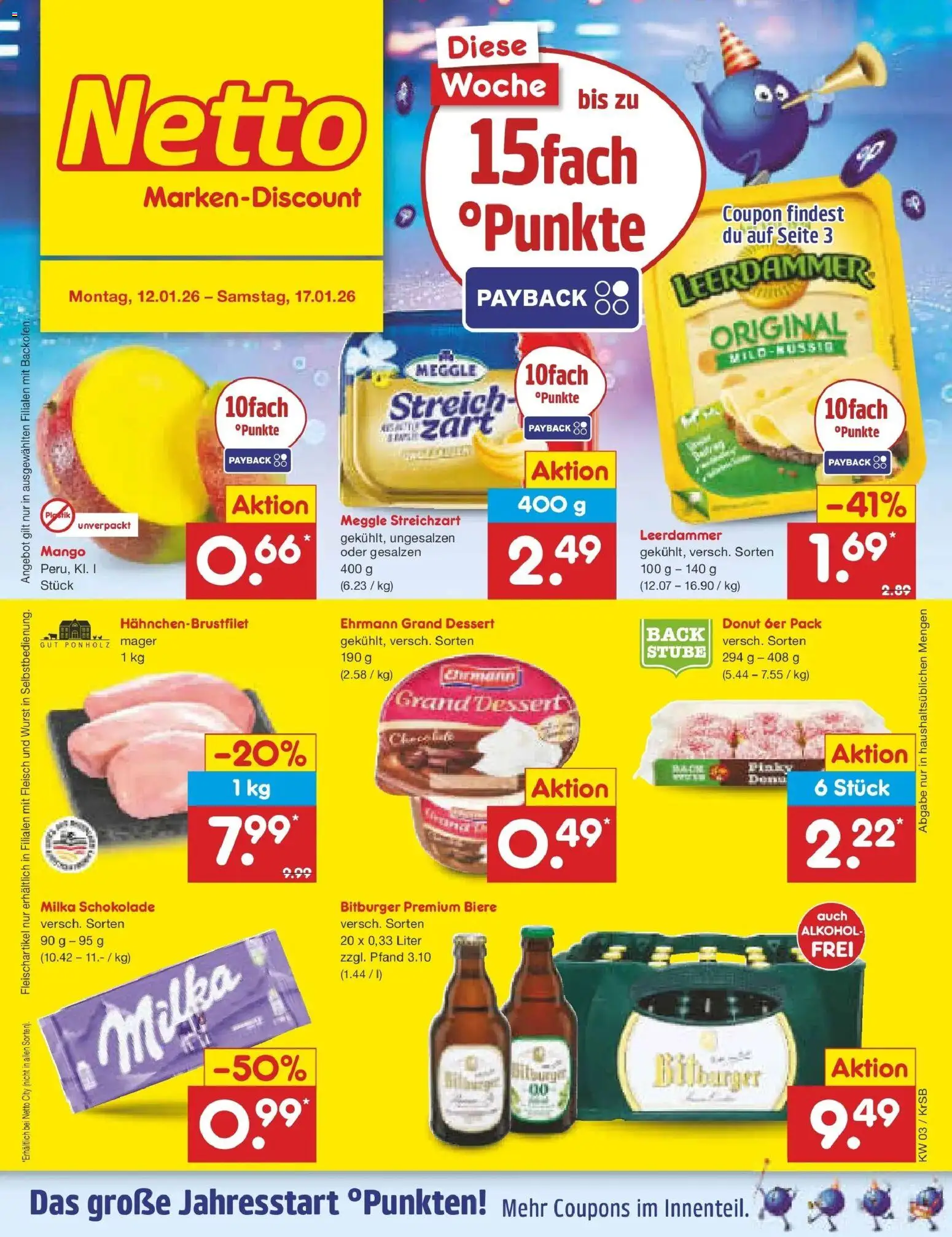 Vorschau von dem Prospekt des Geschäftes Netto Marken-Discount, gültig ab dem 12.01.2026 - Mango, Schokolade, Wurst, Alkohol, Milka schokolade, Milka, Leerdammer, Ehrmann grand dessert