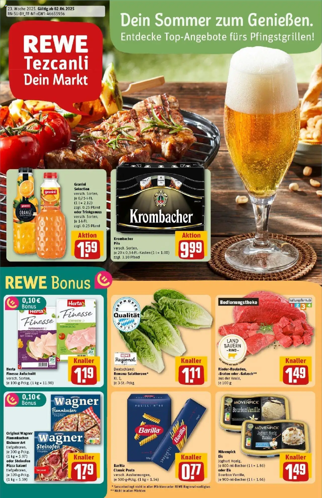 REWE Prospekt ab 01.06.2025 nächste Woche - Prospekt Münchsmünster - Eis, Pasta, Krombacher, Barilla, Schinken, Bourbon, Putenbrust, Granini