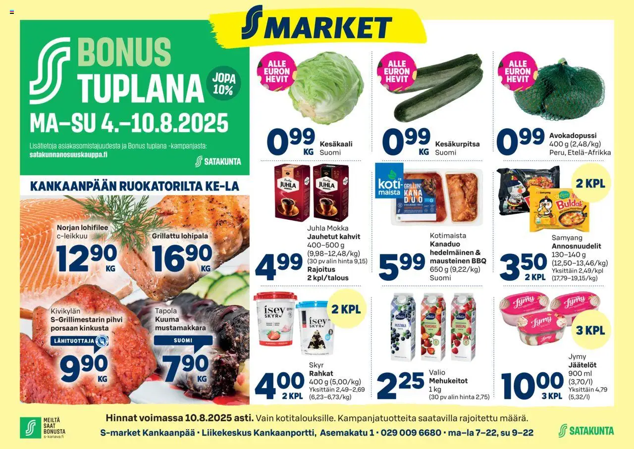 S-market-kaupan Kankaanpää voimassa 04/08/2025 - Sivulla 1 - Kana, Kesäkurpitsa, Juhla Mokka, Pihvi