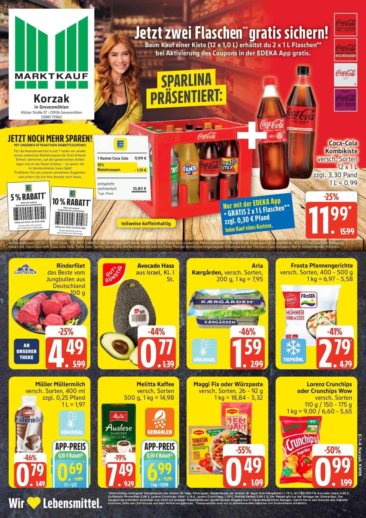 Vorschau von dem Prospekt des Geschäftes Marktkauf, gültig ab dem 02.02.2026 - Kaffee, Coca cola, Frosta, Tomaten, Müllermilch, Melitta kaffee, Maggi fix, Lorenz crunchips