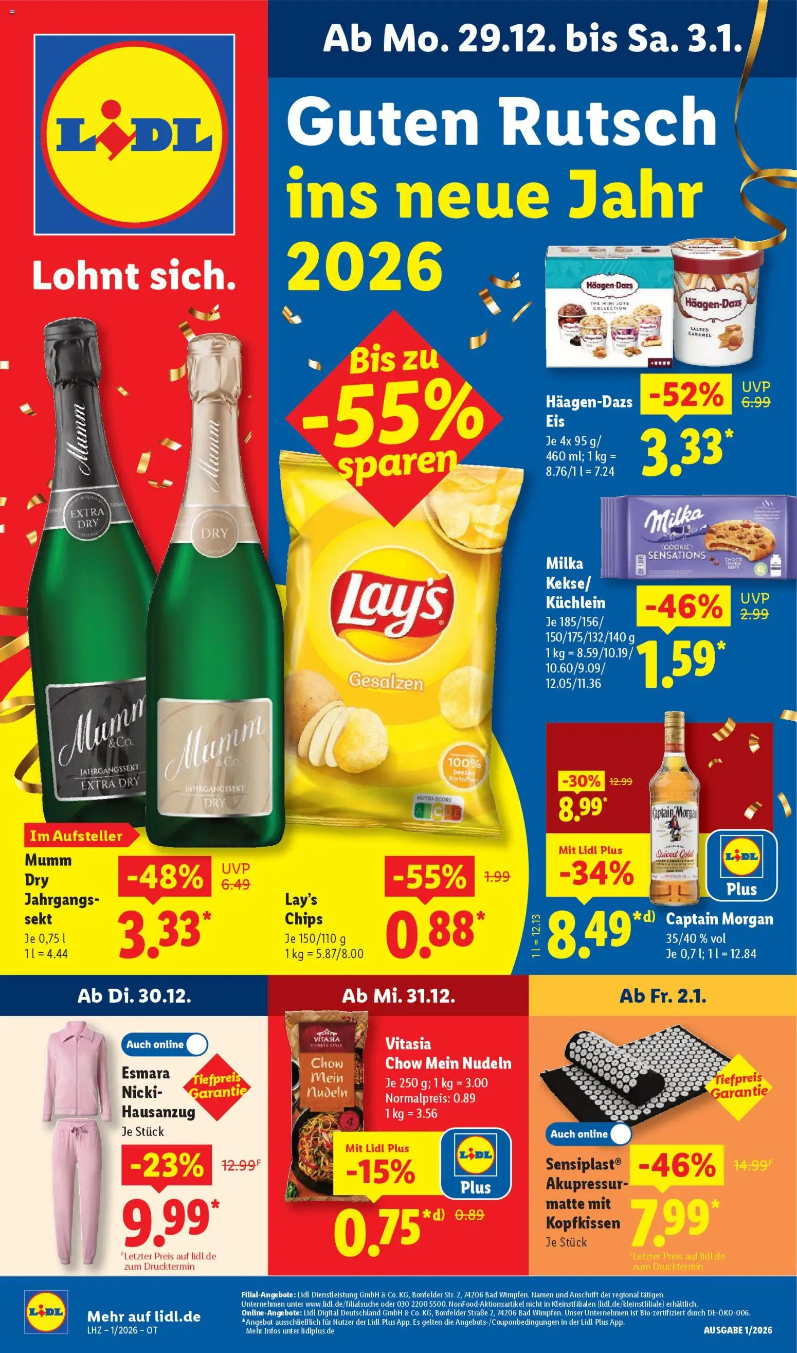 Vorschau von dem Prospekt des Geschäftes Lidl, gültig ab dem 29.12.2025 - Chips, Bad, Nudeln, Milka, Captain morgan, Sekt, Kopfkissen