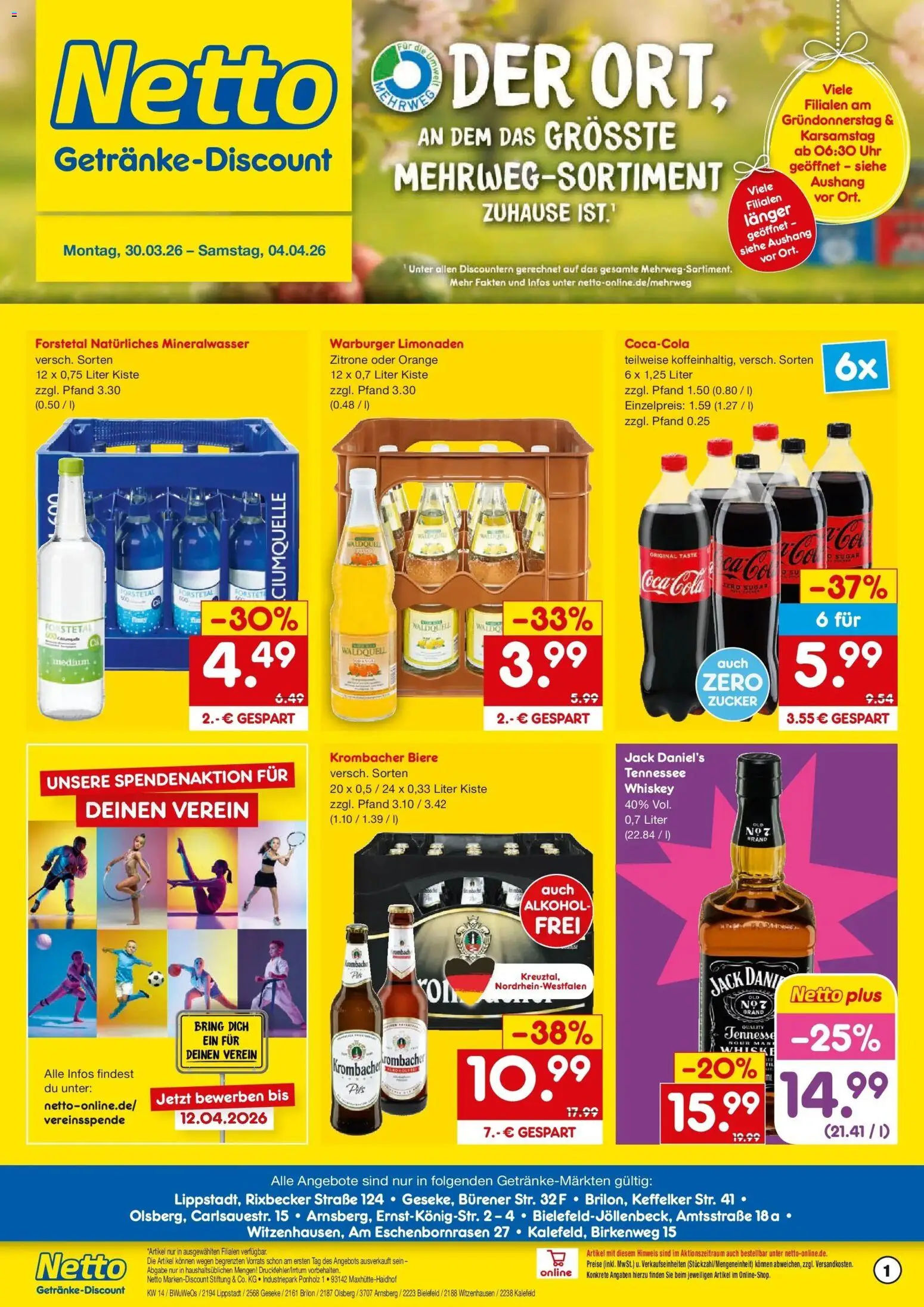 Vorschau von dem Prospekt des Geschäftes Netto Marken-Discount, gültig ab dem 30.03.2026 - Uhr, Coca cola, Cola, Mineralwasser, Alkohol, Krombacher, Zitrone, Whiskey