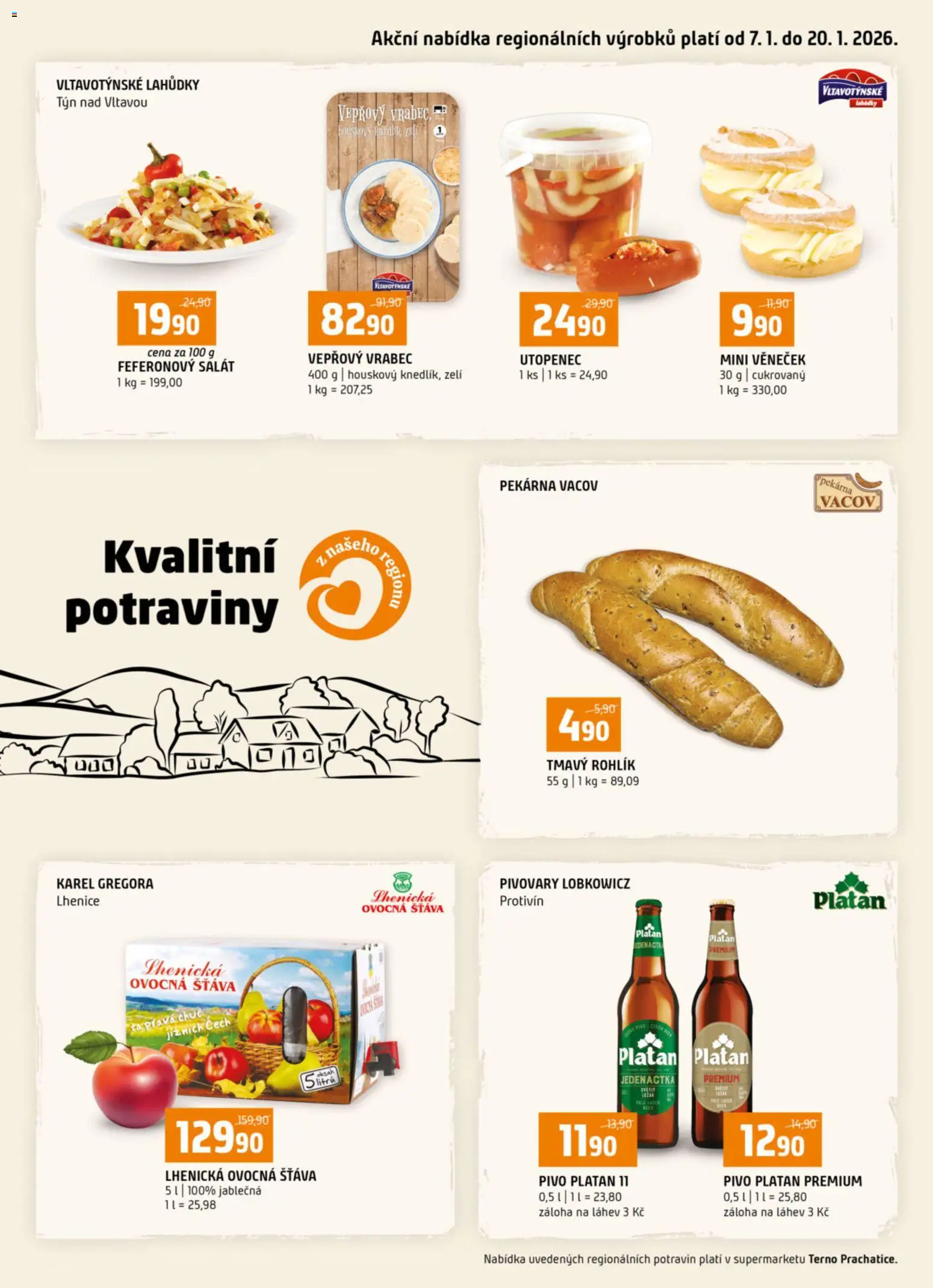 Náhled nabídky: Terno Leták - Prachatice platný od 07.01.2026 - Rohlík, Pekárna, Pivo, Salát, Zelí, Láhev, Šťáva, Pivo Platan