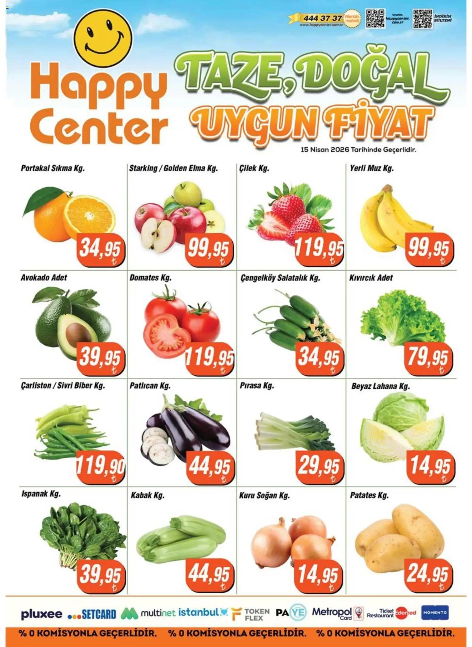Happy Center Happy Center - Manav 15.04.2026 - Broşürünün önizlemesi - Çilek, Avokado, Patates, Portakal, Ispanak, Muz, Patlıcan, Biber