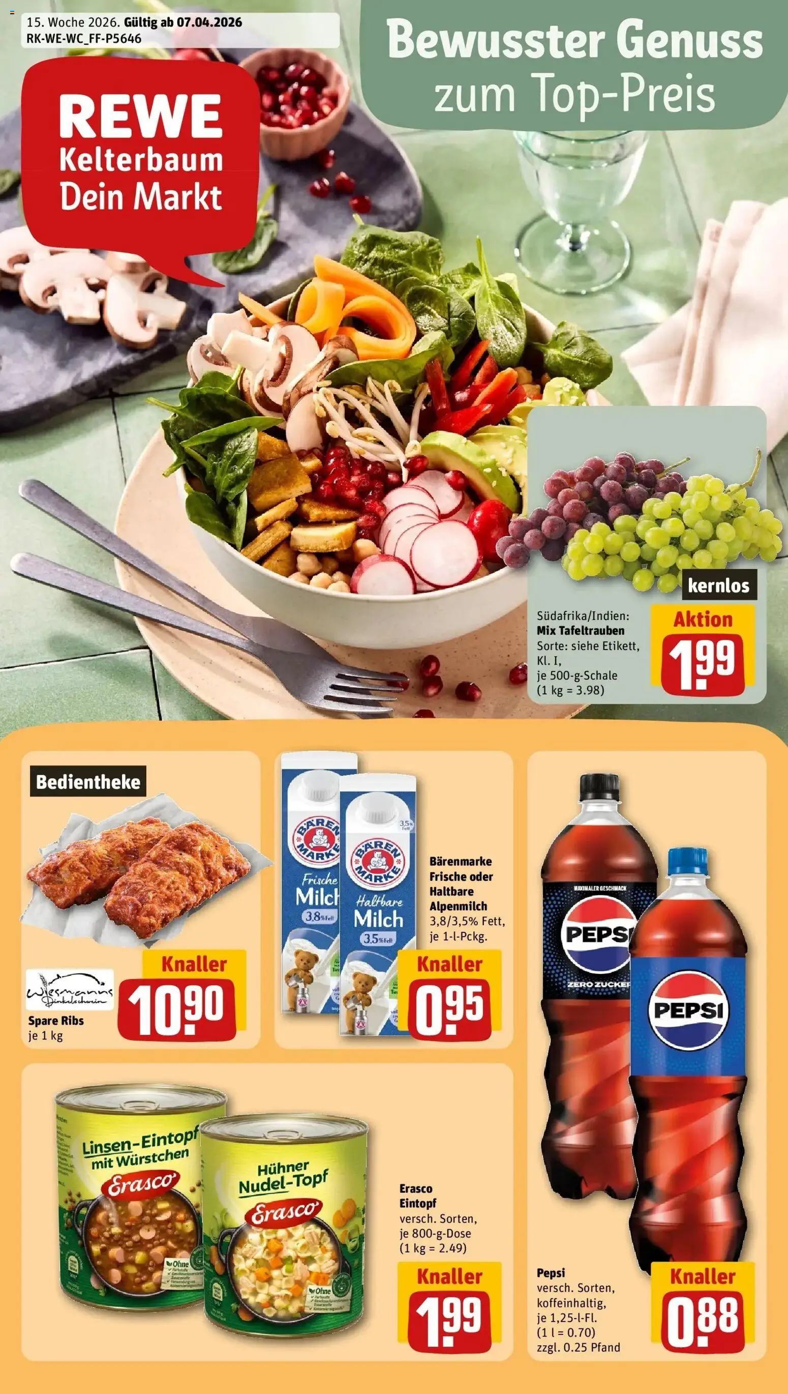 Vorschau von dem Prospekt des Geschäftes Rewe, gültig ab dem 05.04.2026 - Spare ribs, Milch, Zucker, Pepsi, Erasco