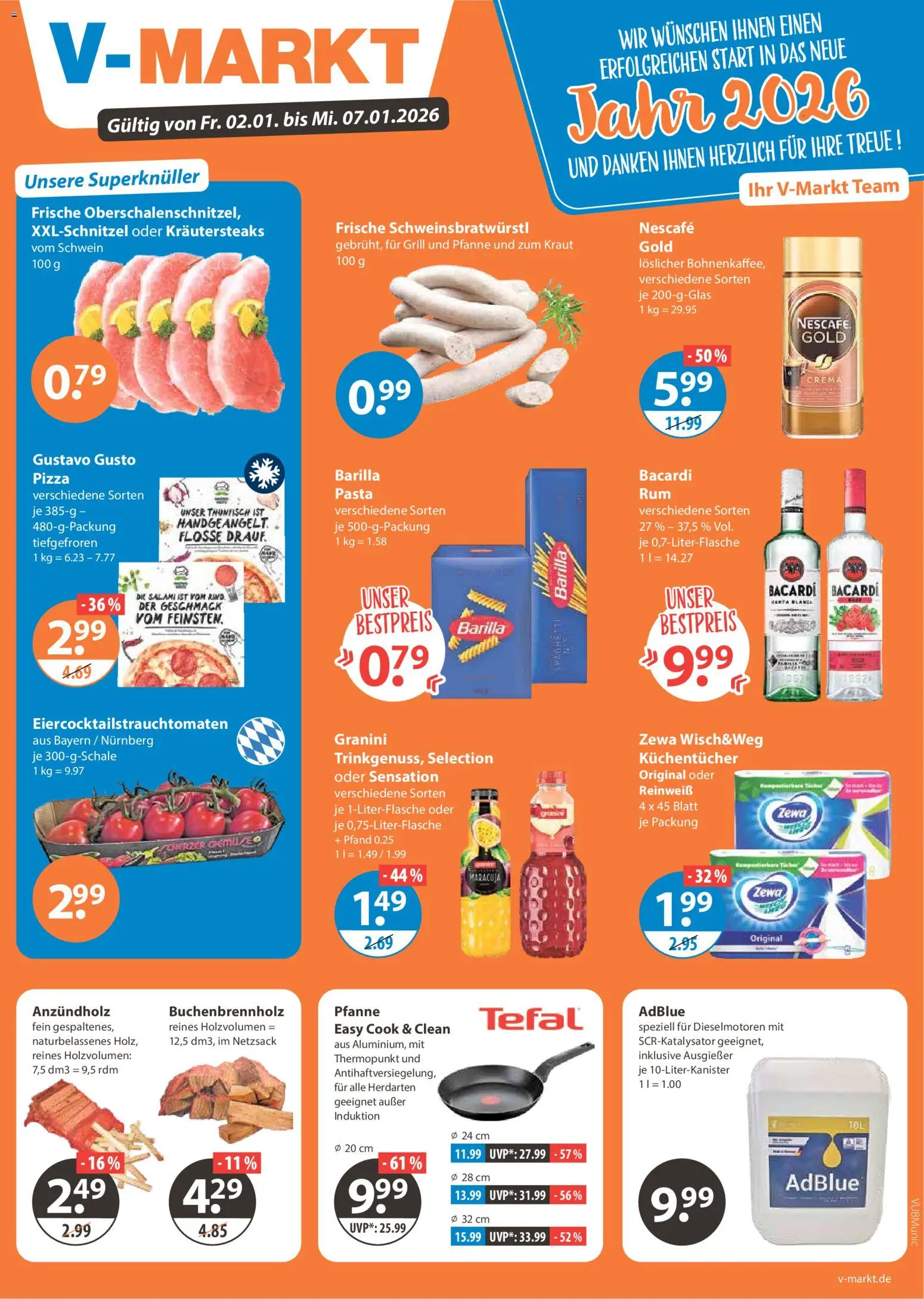 Vorschau von dem Prospekt des Geschäftes V-Markt, gültig ab dem 02.01.2026 - Pasta, Grill, Thunfisch, Salami, Gustavo gusto, Barilla, Nescafe, Kraut