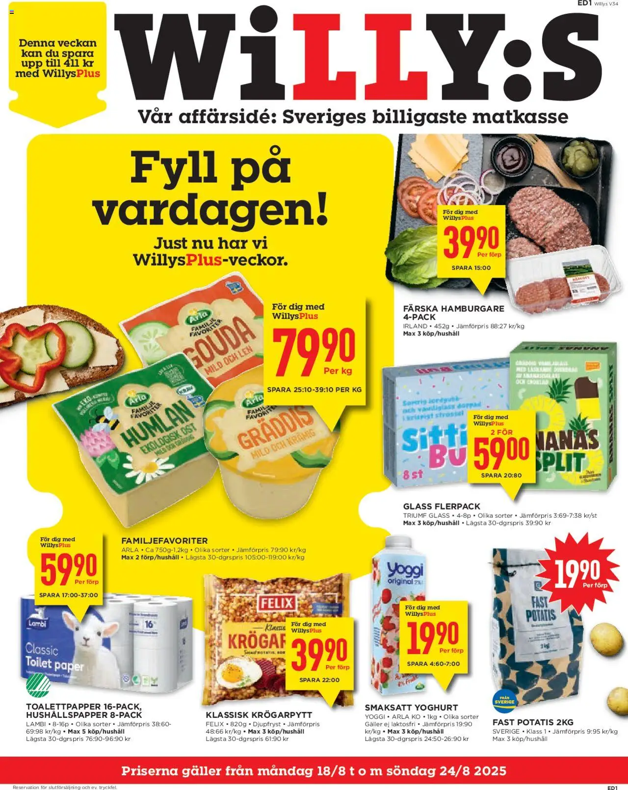 Aktuella reklamblad Willys är giltig 18/08 2025 > Veckans Erbjudanden gäller från 18/08/2025 till 24/08/2025 sidnummer 1