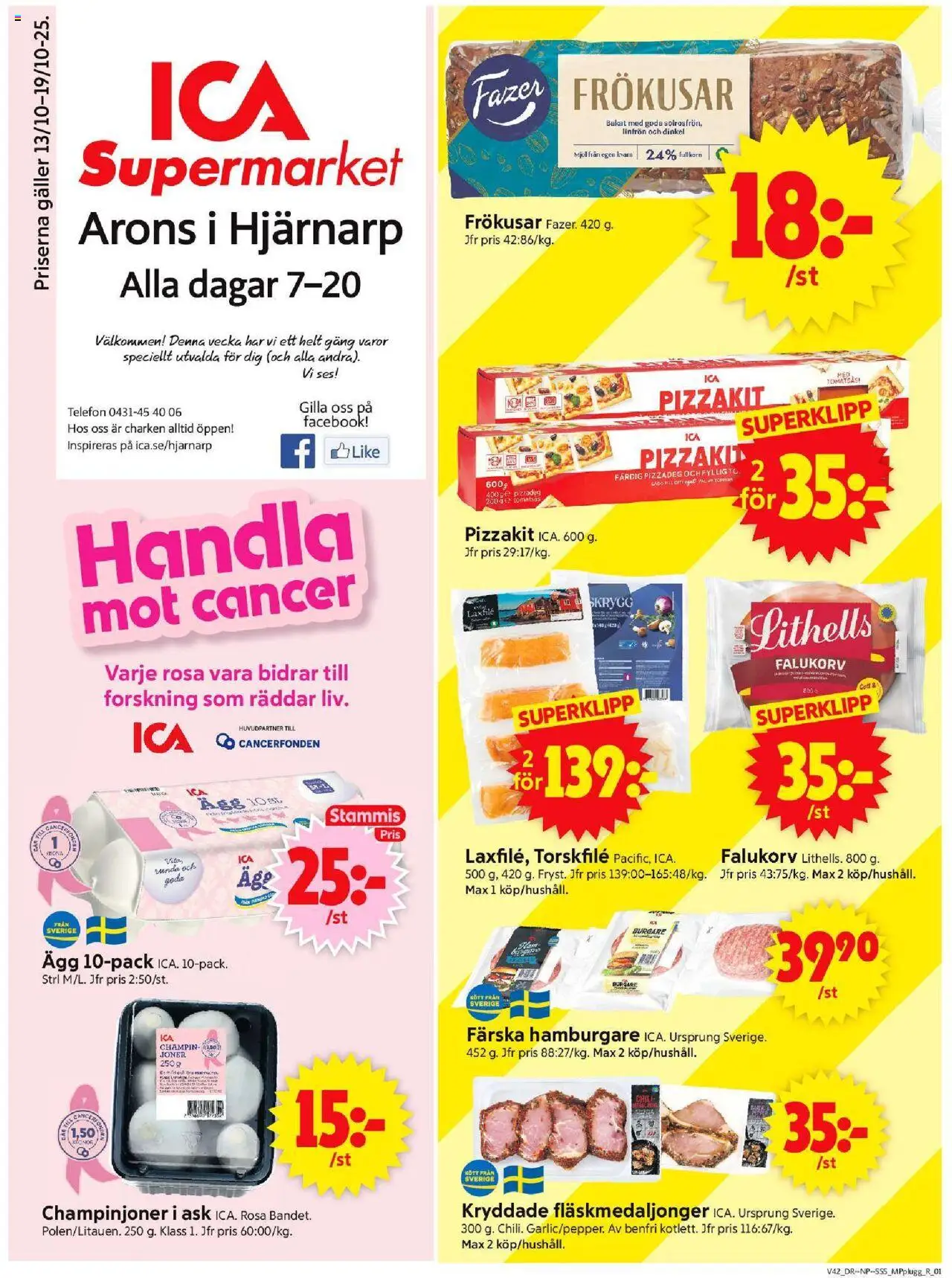 Hjärnarp är giltig 13/10 2025 > Veckans Erbjudanden gäller från 13/10/2025 till 19/10/2025 sidnummer 1 - Hamburgare, Pizzadeg, Galler, Champinjoner, Kvarn, Mjöl, Pizzakit, Torskfile