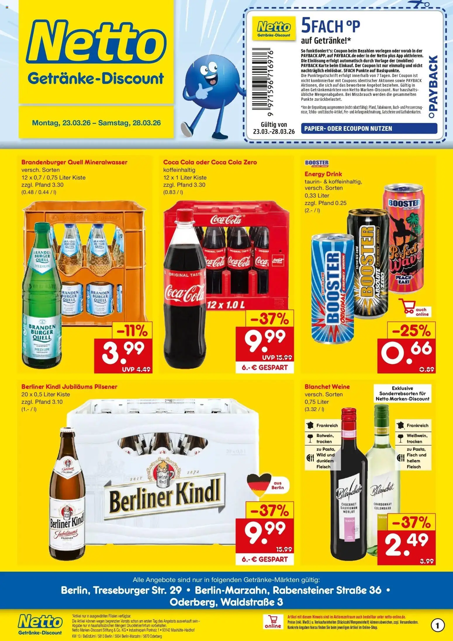 Vorschau von dem Prospekt des Geschäftes Netto Marken-Discount, gültig ab dem 23.03.2026 - Burger, Coca cola, Cola, Fleisch, Berliner, Energy, Merlot, Coca cola zero
