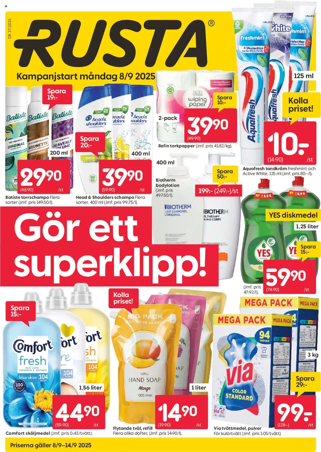 Aktuella reklamblad Rusta är giltig 08/09 2025 > Veckans Erbjudanden gäller från 08/09/2025 till 14/09/2025 sidnummer 1