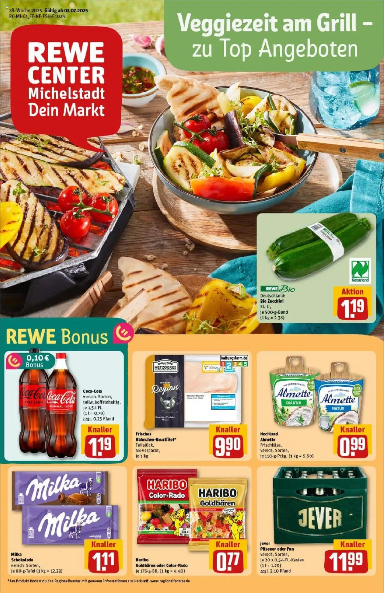 REWE Prospekt ab 06.07.2025 nächste Woche - Prospekt Michelstadt - Haribo, Zucchini, Grill, Cola, Top, Milka schokolade, Milka, Almette