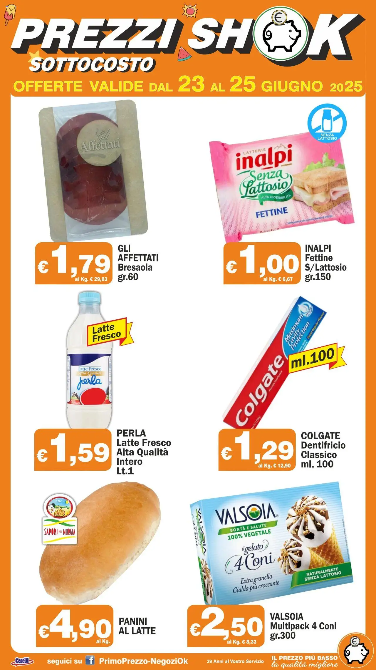 Volantino Primo Prezzo valido da 23/06/2025 numero di pagina 1 - Bresaola, Latte, Basso, Cialda, Dentifricio, Senza lattosio