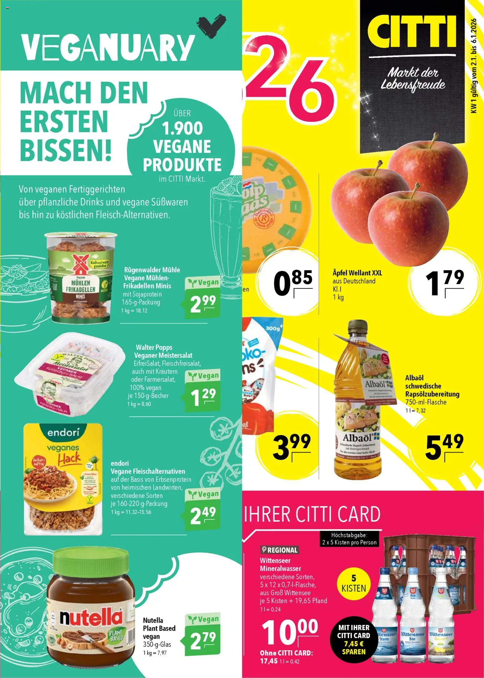 Vorschau von dem Prospekt des Geschäftes CITTI Markt, gültig ab dem 02.01.2026 - Äpfel, Nutella, Salat, Mineralwasser, Mühle, Süßwaren