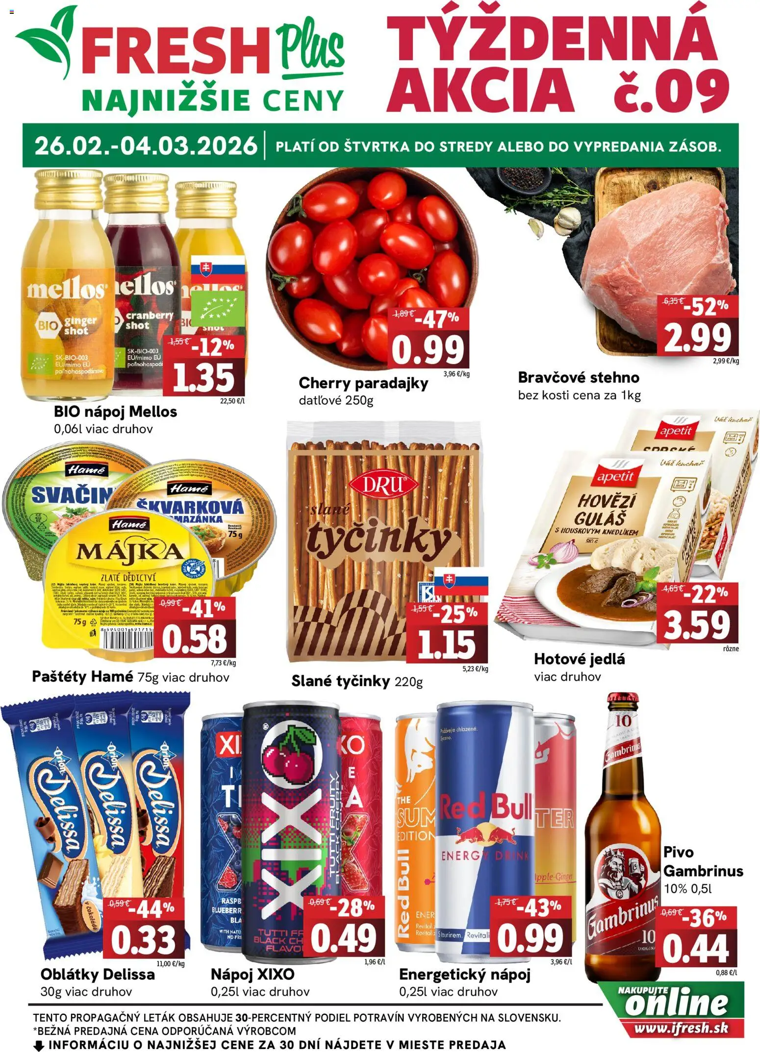 Náhľad Fresh letáku platného od 26.02.2026 - Pivo, Red Bull, Paradajky, Bravčové stehno, Energetický nápoj, Slané tyčinky, Oblátky, Hotové jedlá